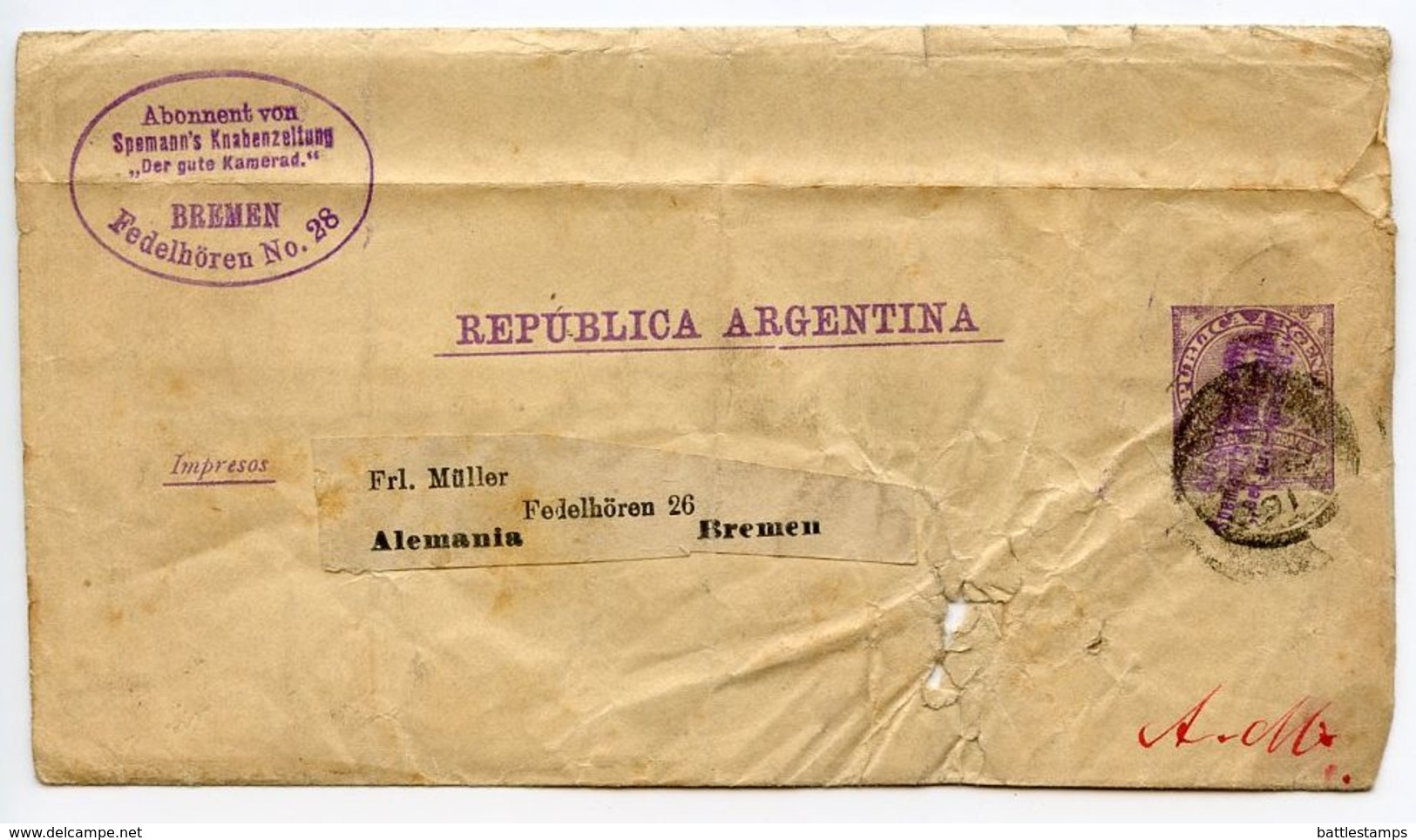 Argentina 1891 2c. Wrapper To Bremen, Germany - Postal Stationery