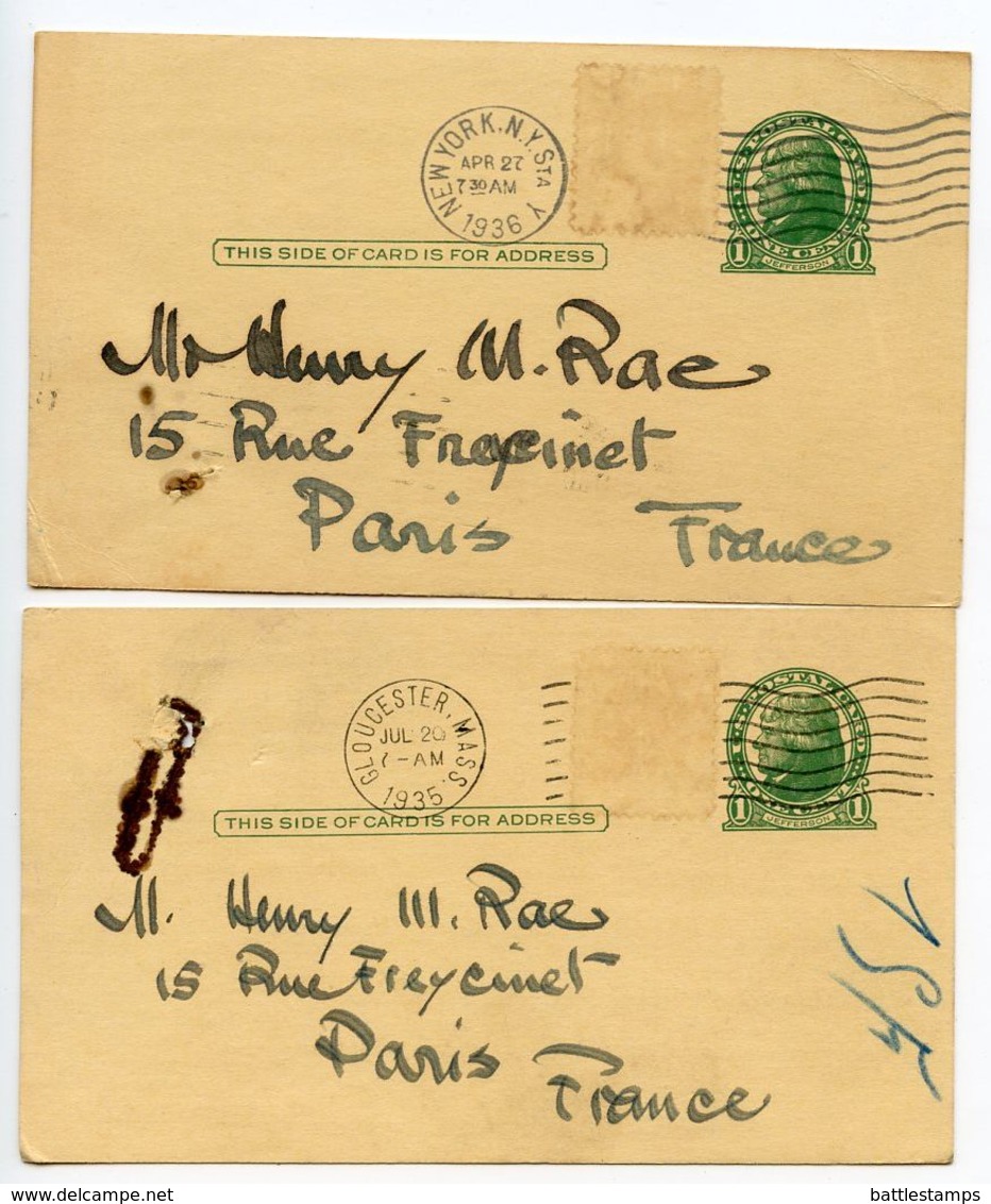 United States 1935/36 2 UX27 Postal Cards To Paris, France - 1921-40