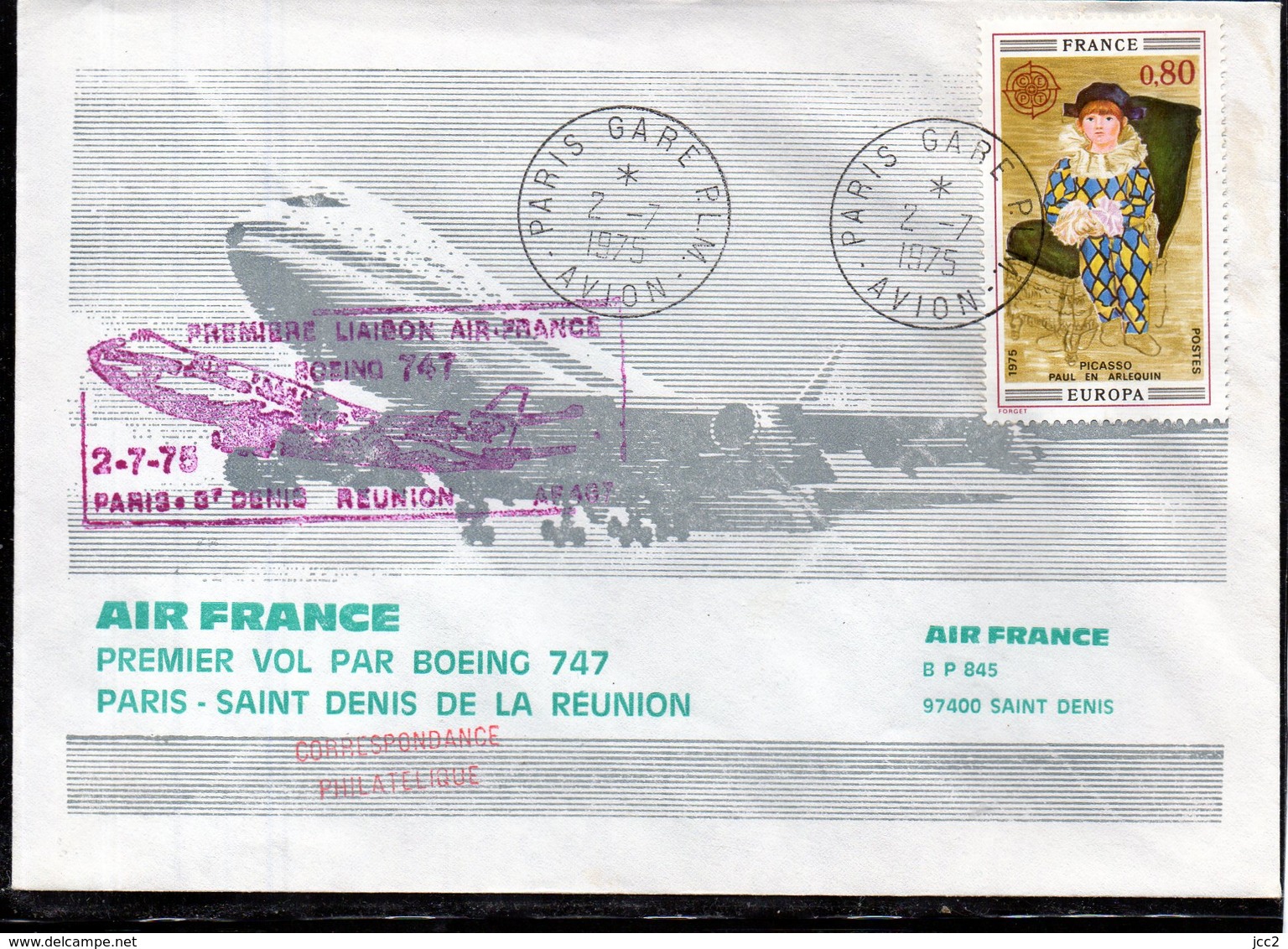 1ére. Liaison - Paris-St.Denis De La Réunion Boeing 747 AF- 02/07/1975 - 1960-.... Lettres & Documents