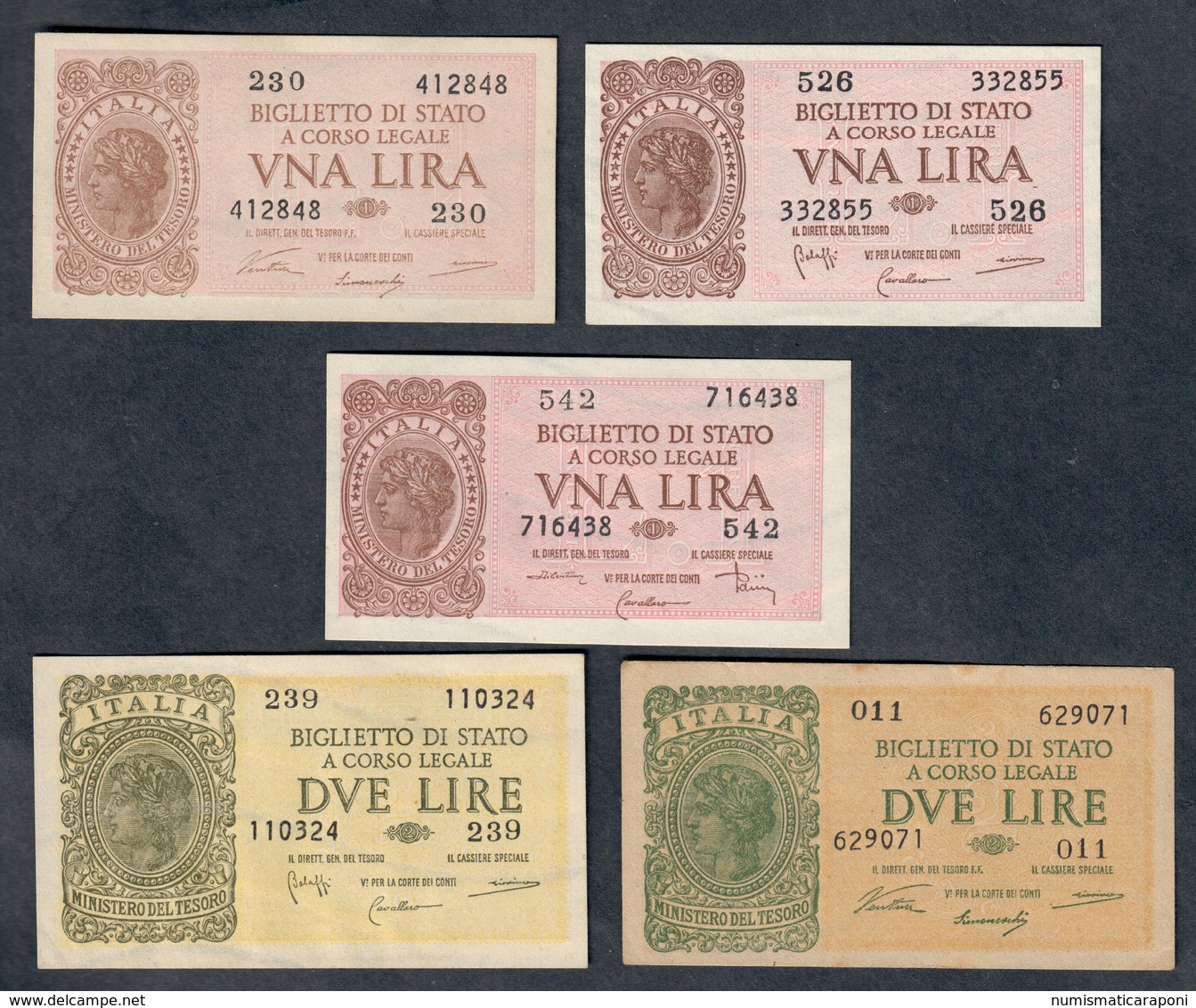 1+2 LIRE LUOGOTENENZA 1944 5 Biglietti  SUP/FDS LOTTO 1294 - Italia – 1 Lira