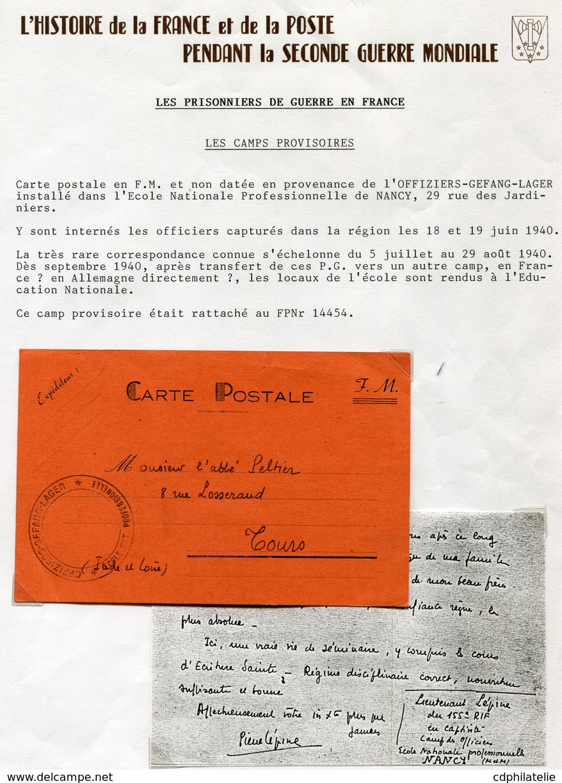 FRANCE CARTE POSTALE EN FM NON DATEE DEPART DE L'OFFIZIERS-GEFANG-LAGER ECOLE NAT. PROFESSIONNELLE DE NANCY............. - Lettres & Documents