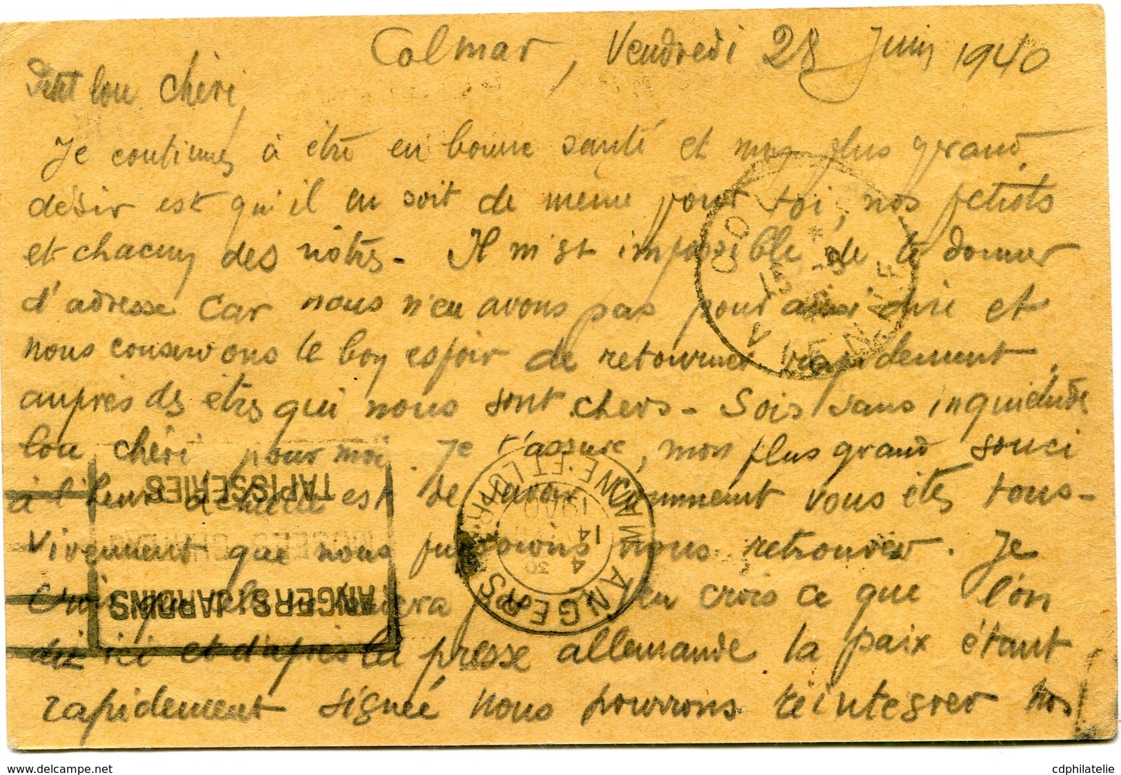 FRANCE CARTE POSTALE MILITAIRE DEPART COLMAR 28-6-40 POUR ANGERS (ZONE OCCUPEE) 14-7-40 PUIS REEXPEDIEE ET RECUE A COUHE - Lettres & Documents