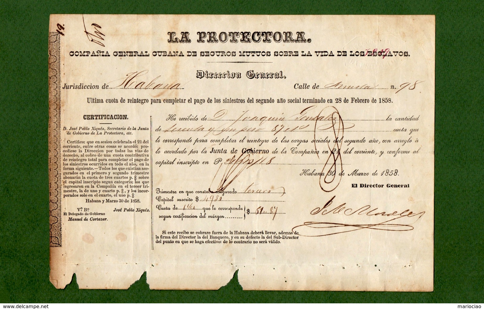 D-ES SEGURO DE ESCLAVOS 1858 La Protectora SCHIAVI ESCLAVES SLAVES SKLAVEN - Documents Historiques