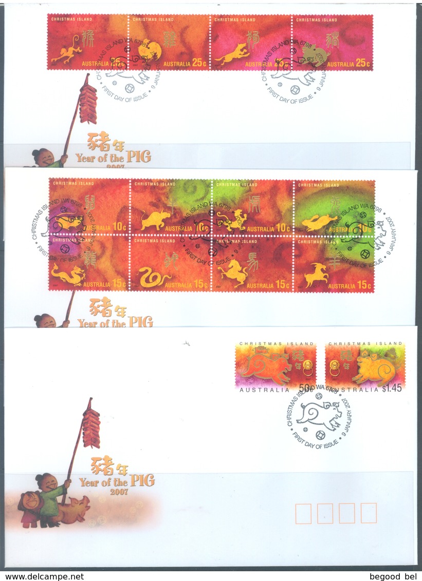 CHRISTMAS - FDC - 9.01.2007 - YEAR OF THE PIG 3 FDC - Yv 589-602 - Lot 17313 - Christmas Island