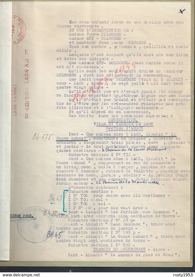 AVEC EN TETE VILLE DE LANGRES CONDON LAON 1961 ACTE ATTESTATION DE PROPRIETE DELHORBE 6 PAGES : - Manuscripts