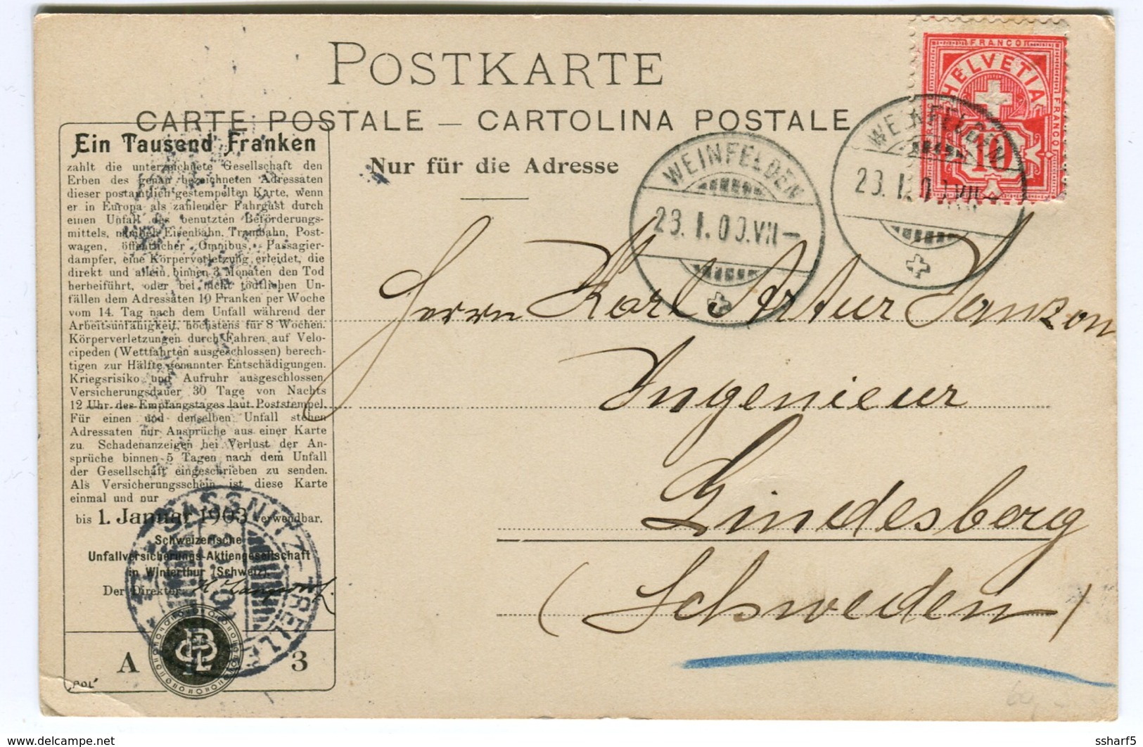 Unfallsversicherungs-Aktienges. Winterthur WERBEKARTE 1900 Weinfelden "BARQUE" - Enge