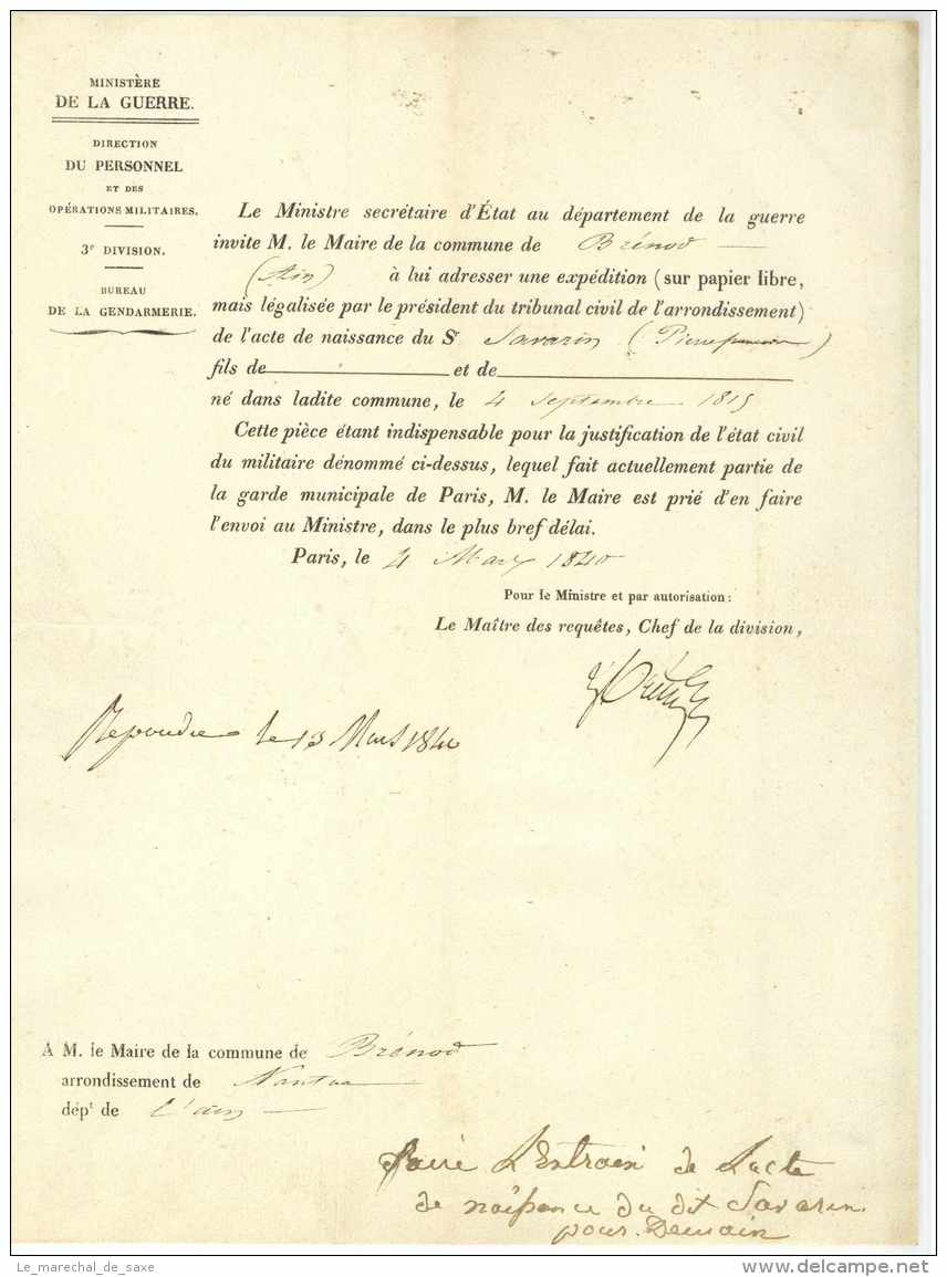 Paris 1840 Ministere De La Guerre FRANCHISE VERIFIEE - Marques D'armée (avant 1900)