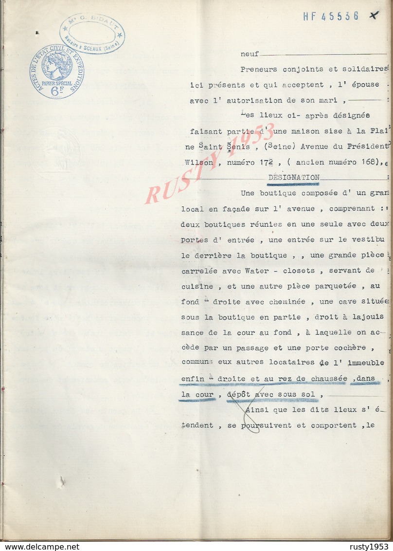 LA PLAINE SAINT DENIS 1935 ACTE BAIL D UNE BOUTIQUE PAR M DEVAUX À GANDIN 26 PAGES : - Manuscrits