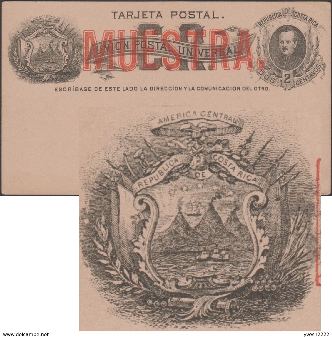 Costa Rica 1883. Care Postale, Entier Surchargé "Muestra", Spécimen. Franc-maçonnerie, Voilier Volcan, Mer Des Caraïbes - Volcans