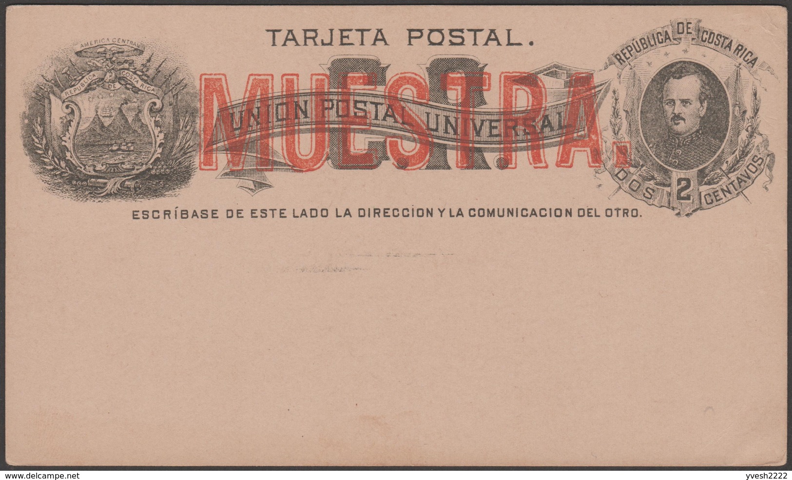 Costa Rica 1883. Care Postale, Entier Surchargé "Muestra", Spécimen. Franc-maçonnerie, Voilier Volcan, Mer Des Caraïbes - Volcans