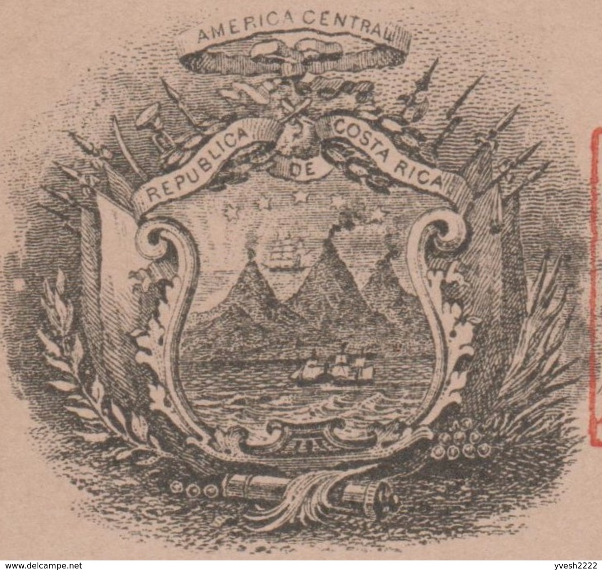 Costa Rica 1883. Care Postale, Entier Surchargé "Muestra", Spécimen. Franc-maçonnerie, Voilier Volcan, Mer Des Caraïbes - Volcans