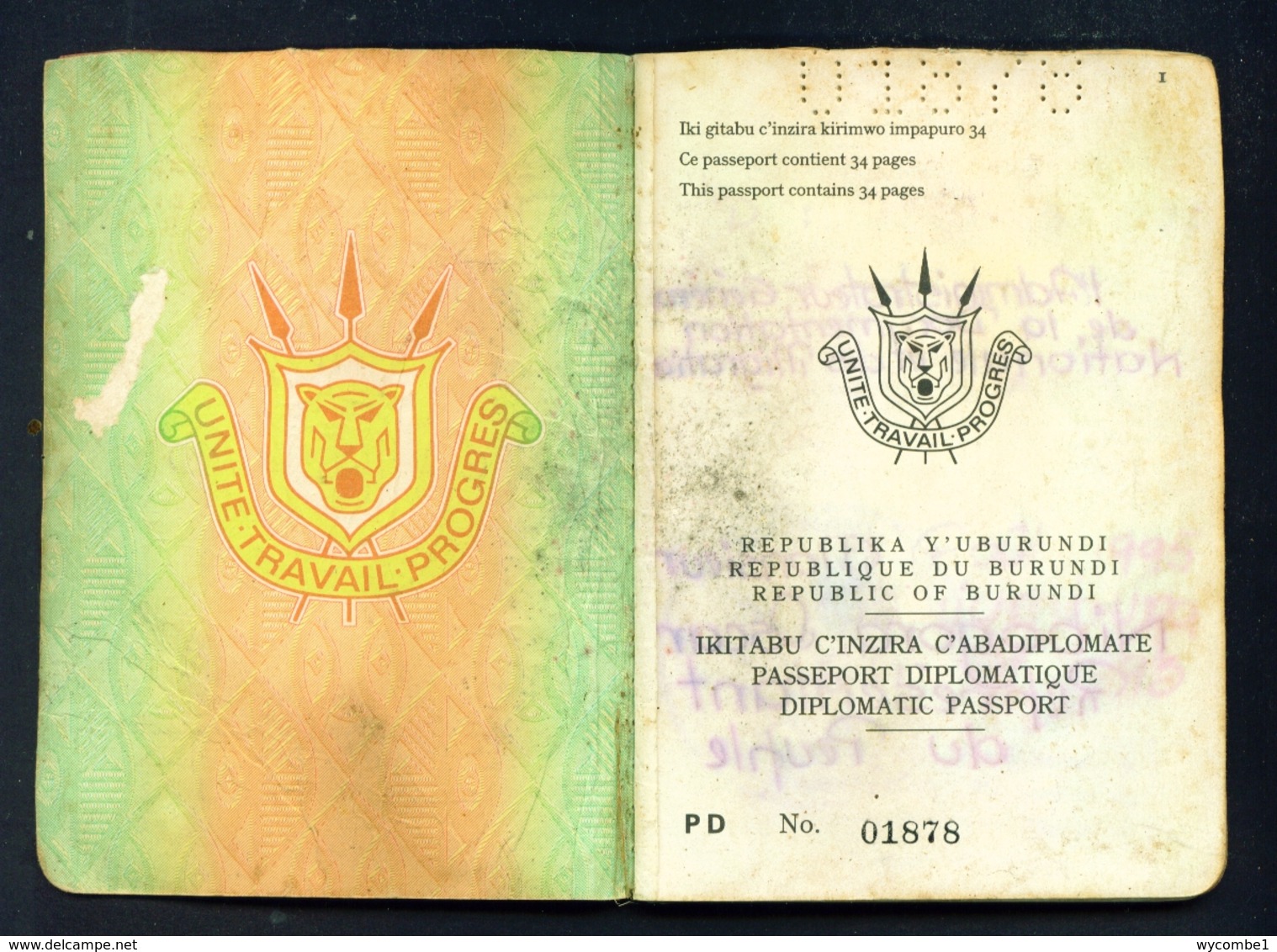 BURUNDI - Expired Diplomatic Passport. Damaged Cover. All Used Visa Pages Scanned - Historische Documenten