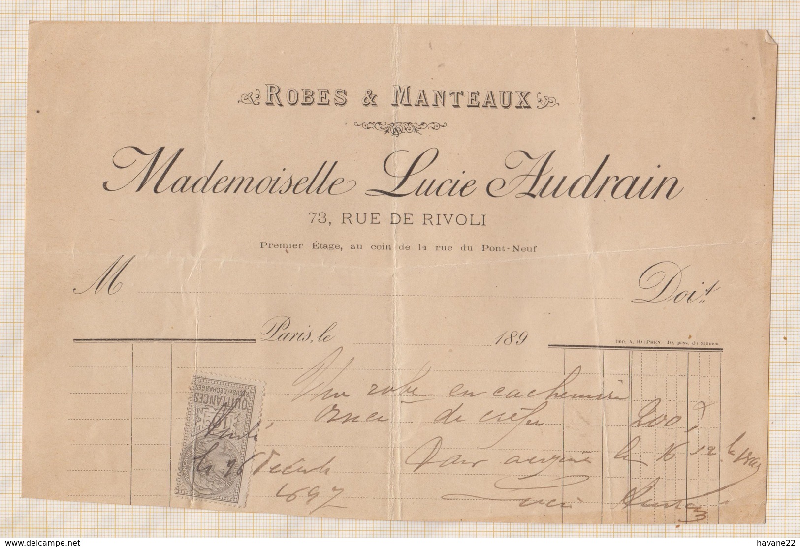 8/109 Lettre Facture LUCIE AUDRAIN ROBES MANTEAUX PARIS / 1886 - 1800 – 1899