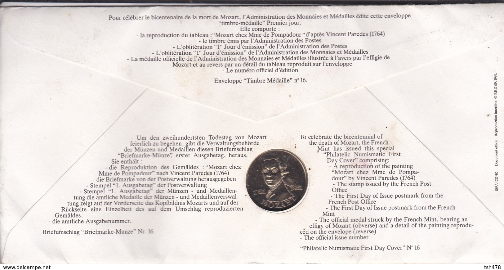 TIMBRE  Premier Jour  PARIS  1991--MOZART + MONNAIE--voir 2 Scans - Musique