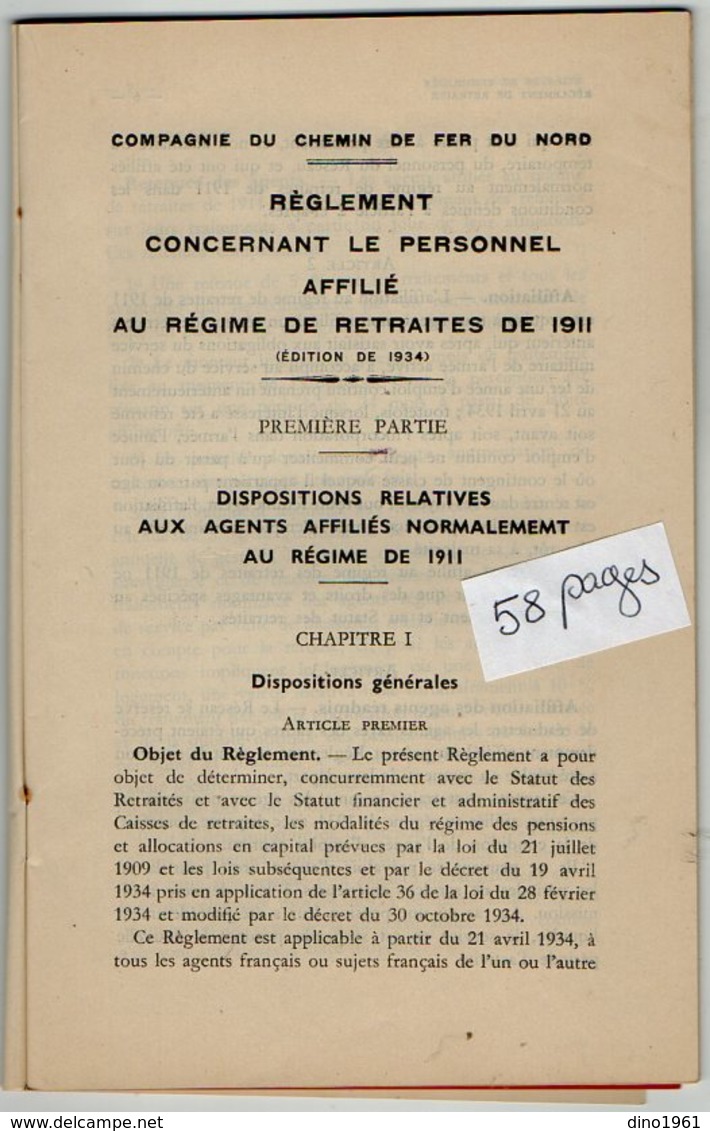 VP12.673 - LILLE 1935 - Compagnie Du Chemin De Fer Du Nord - Lignes Françaises - Réglement Concernant Le Personnel.... - Ferrocarril