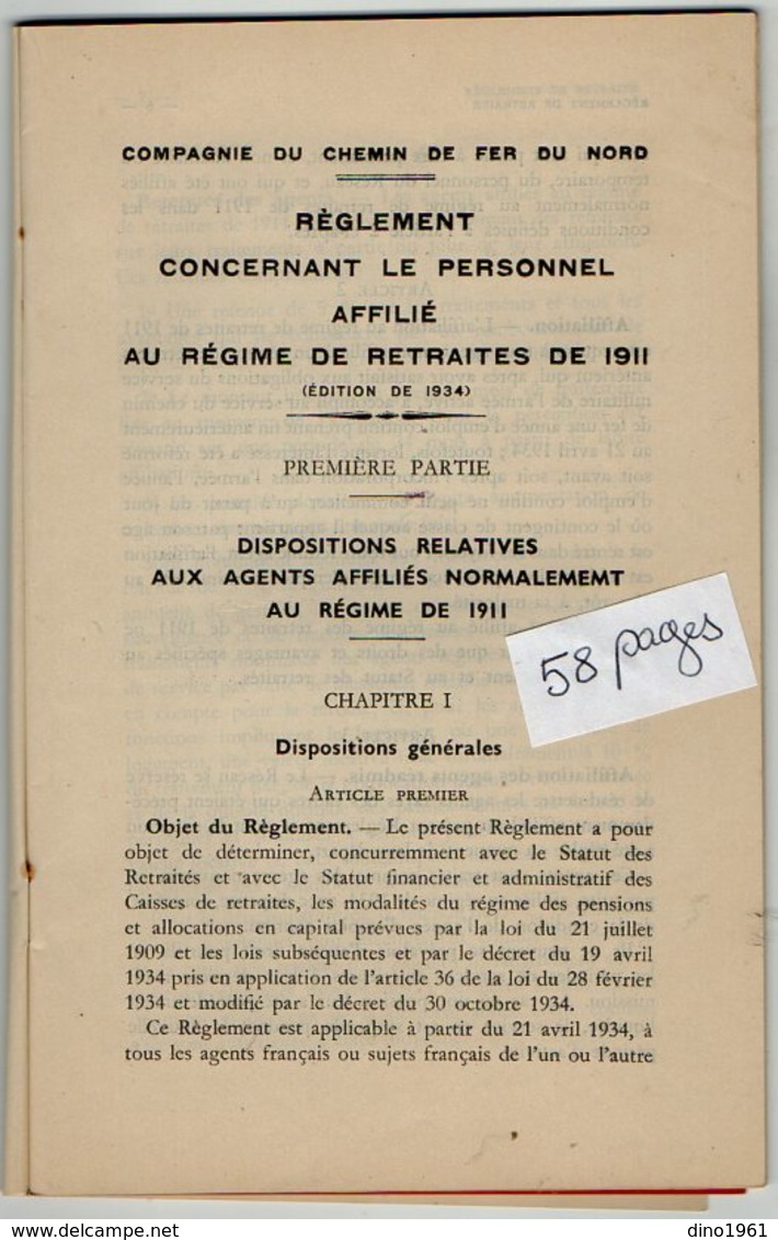 VP12.674 - LILLE 1935 - Compagnie Du Chemin De Fer Du Nord - Lignes Françaises - Réglement Concernant Le Personnel.... - Railway