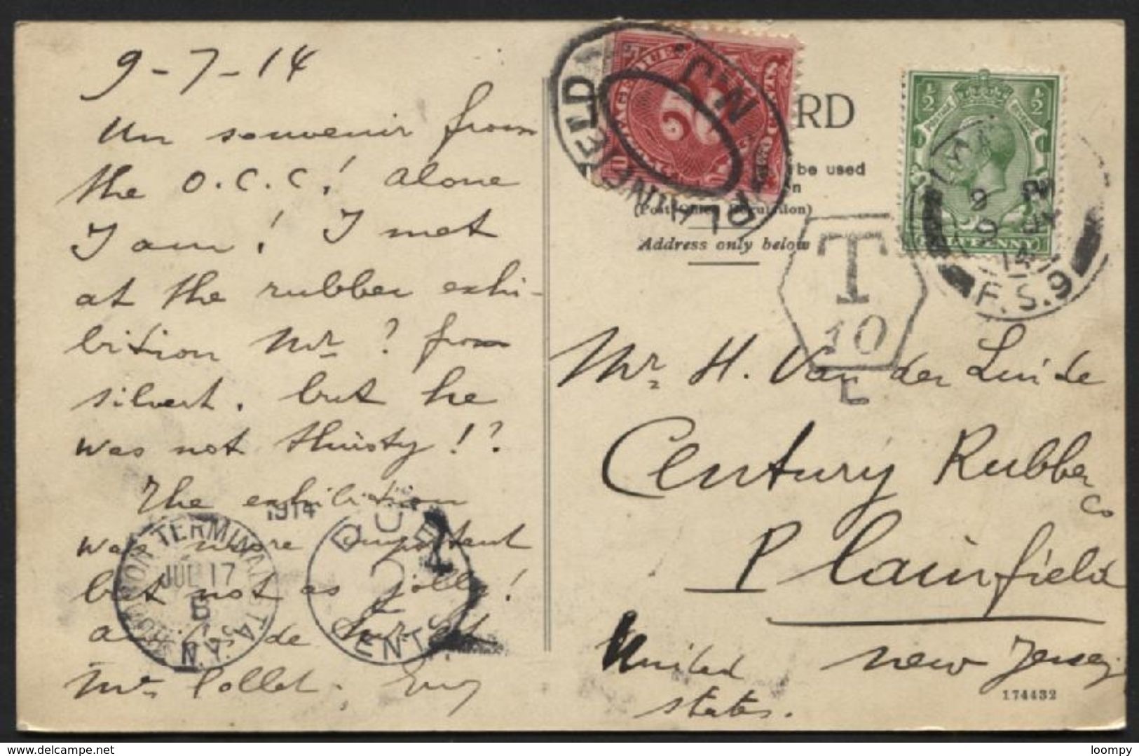 Postcard To USA + Postage Due PLAINFIELD 1914 (943) - Brieven En Documenten