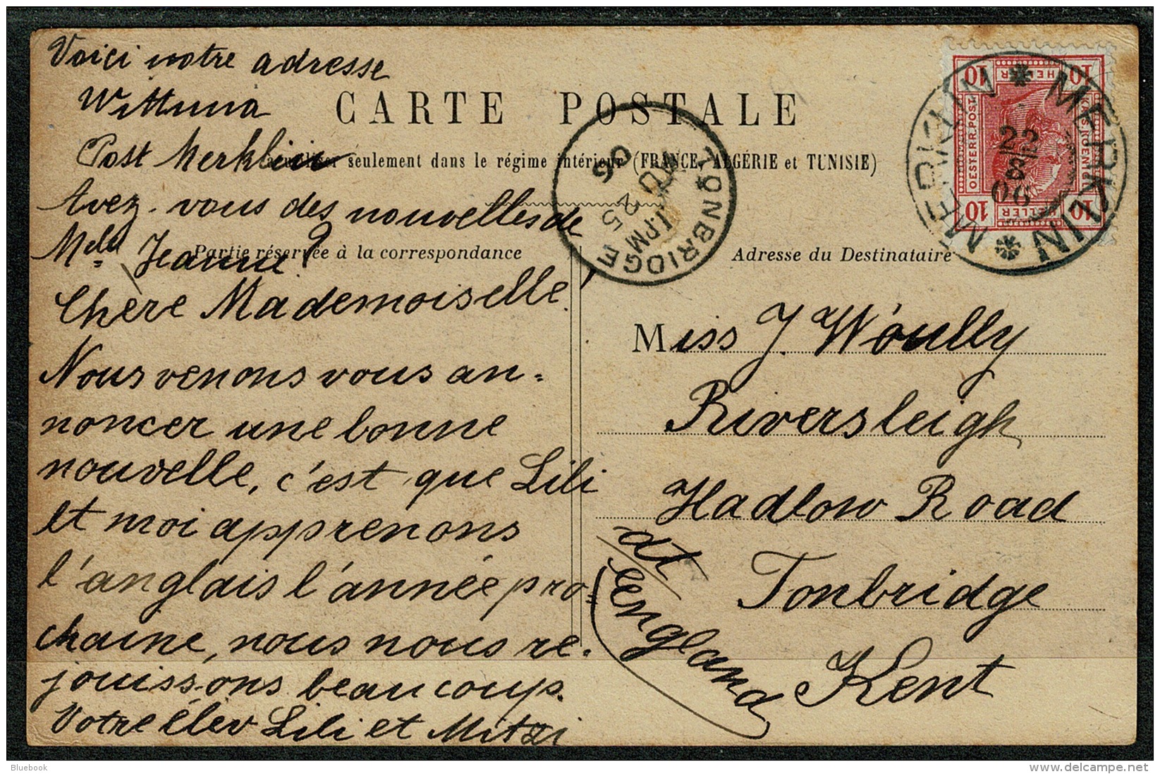 RB 1207 -  1906 Paris Postcard - Austria Merklin Czech Republic 10h Rate To Tonbridge Kent - Czech Republic