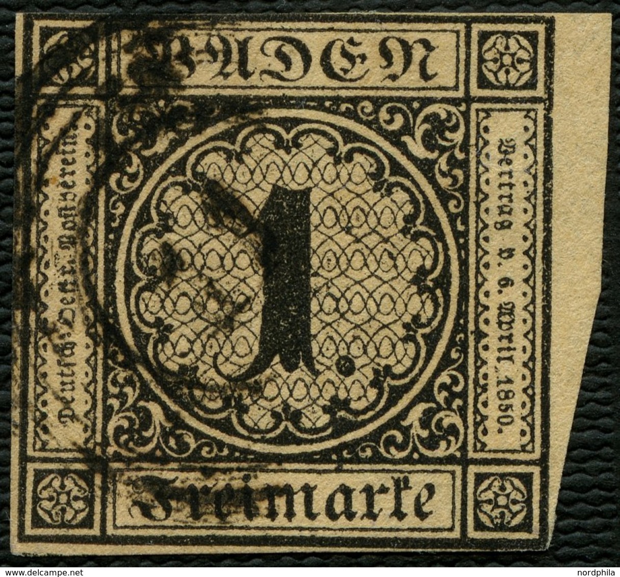 BADEN 1b O, 1851, 1 Kr. Schwarz Auf Braun, Rechtes Randstück, Mit Nummernstempel 11 (BIBERACH), Oben Knapp-lupenrandig,  - Sonstige & Ohne Zuordnung