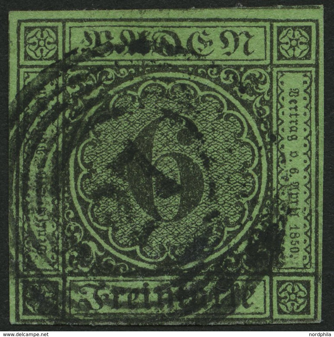 BADEN 3b O, 1851, 6 Kr. Schwarz Auf Gelbgrün, Nummernstempel 27 (DONAUESCHINGEN), Vollrandig, Pracht - Sonstige & Ohne Zuordnung