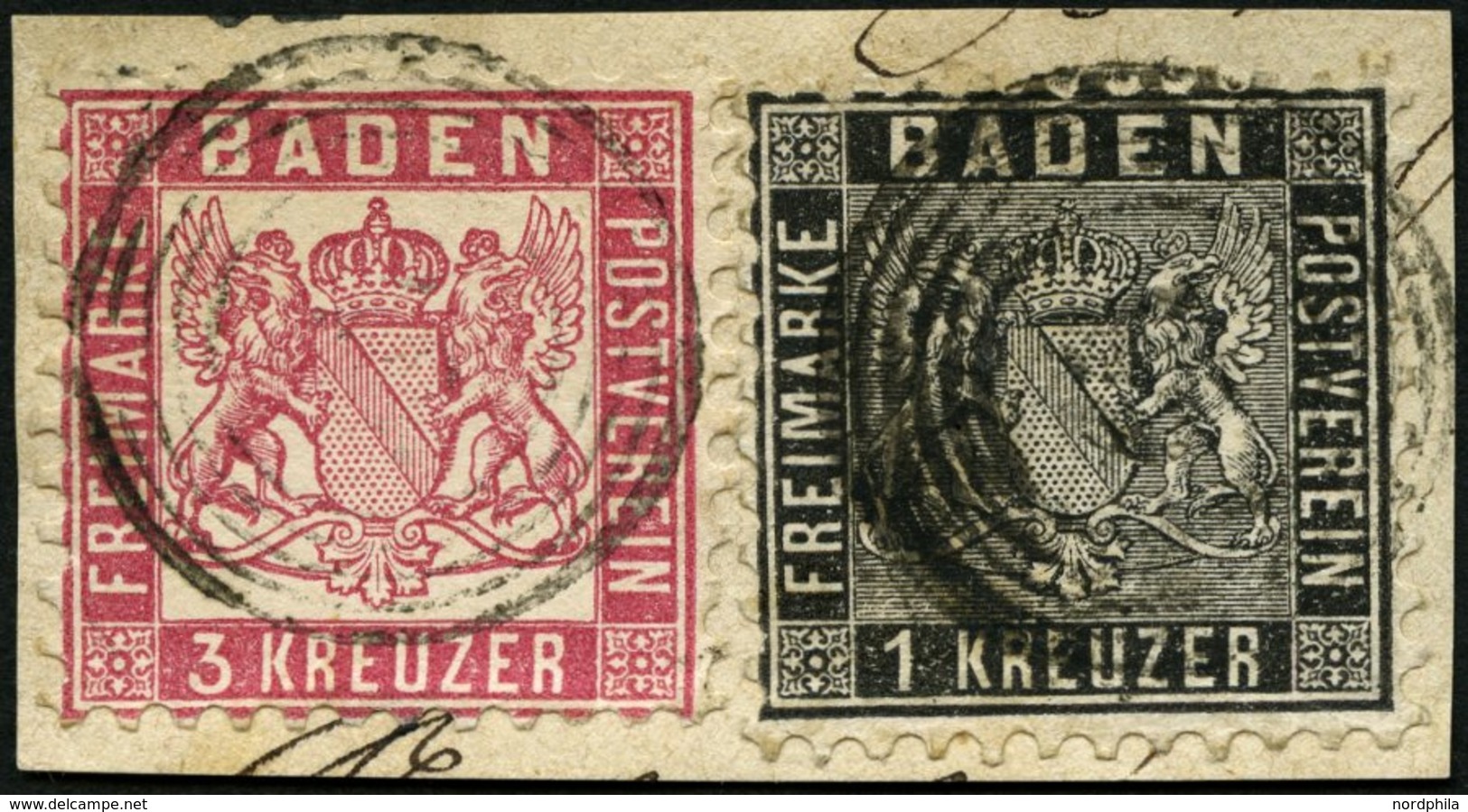 BADEN 13a,18 BrfStk, 1862, Mischfrankatur: 1 Kr. Schwarz Und 3 Kr. Hellrot, Prachtbriefstück, Gepr. Flemming - Andere & Zonder Classificatie