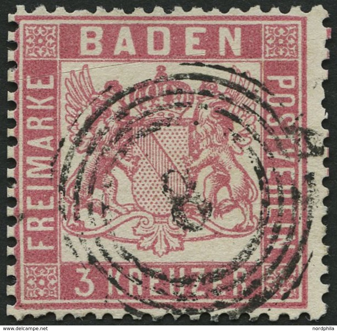 BADEN 16 O, 1862, 3 Kr. Rosakarmin, Nummernstempel 8, Kleine Kratzspur Sonst Pracht, Mi. 380.- - Autres & Non Classés