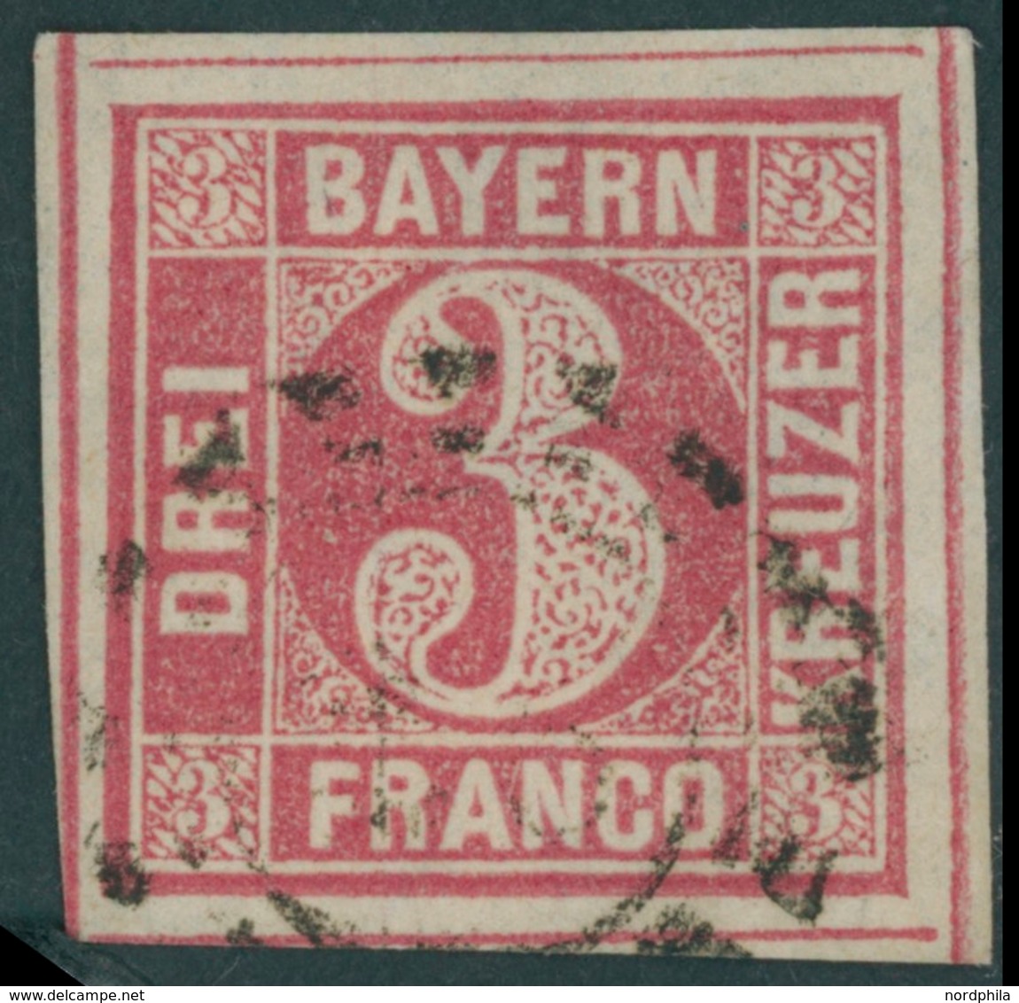 BAYERN 9 O, 1862, 3 Kr. Rosa Mit 4 Vollständigen Schnittlinien!, Offener Mühlradstempel, Kabinett - Otros & Sin Clasificación