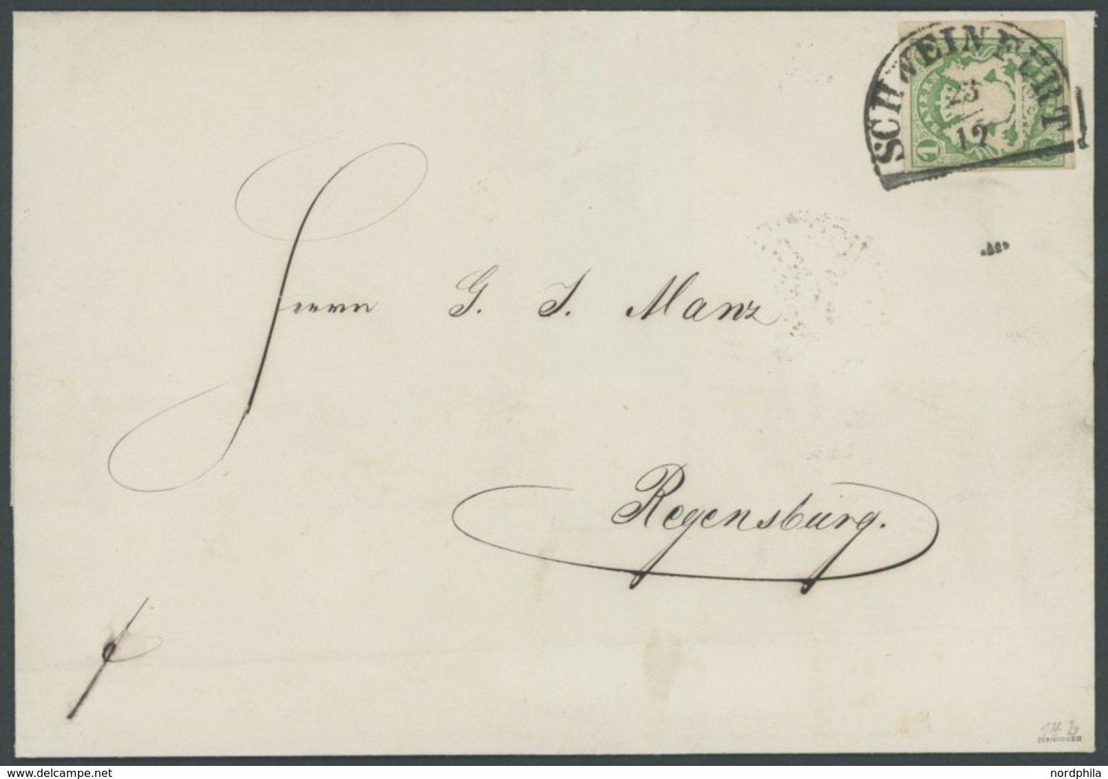 BAYERN 14b BRIEF, 1868, 1 Kr. Dunkelgrün Mit Segmentstempel SCHWEINFURT Auf Brief Nach Regensburg, Kabinett, Gepr. Pfenn - Autres & Non Classés
