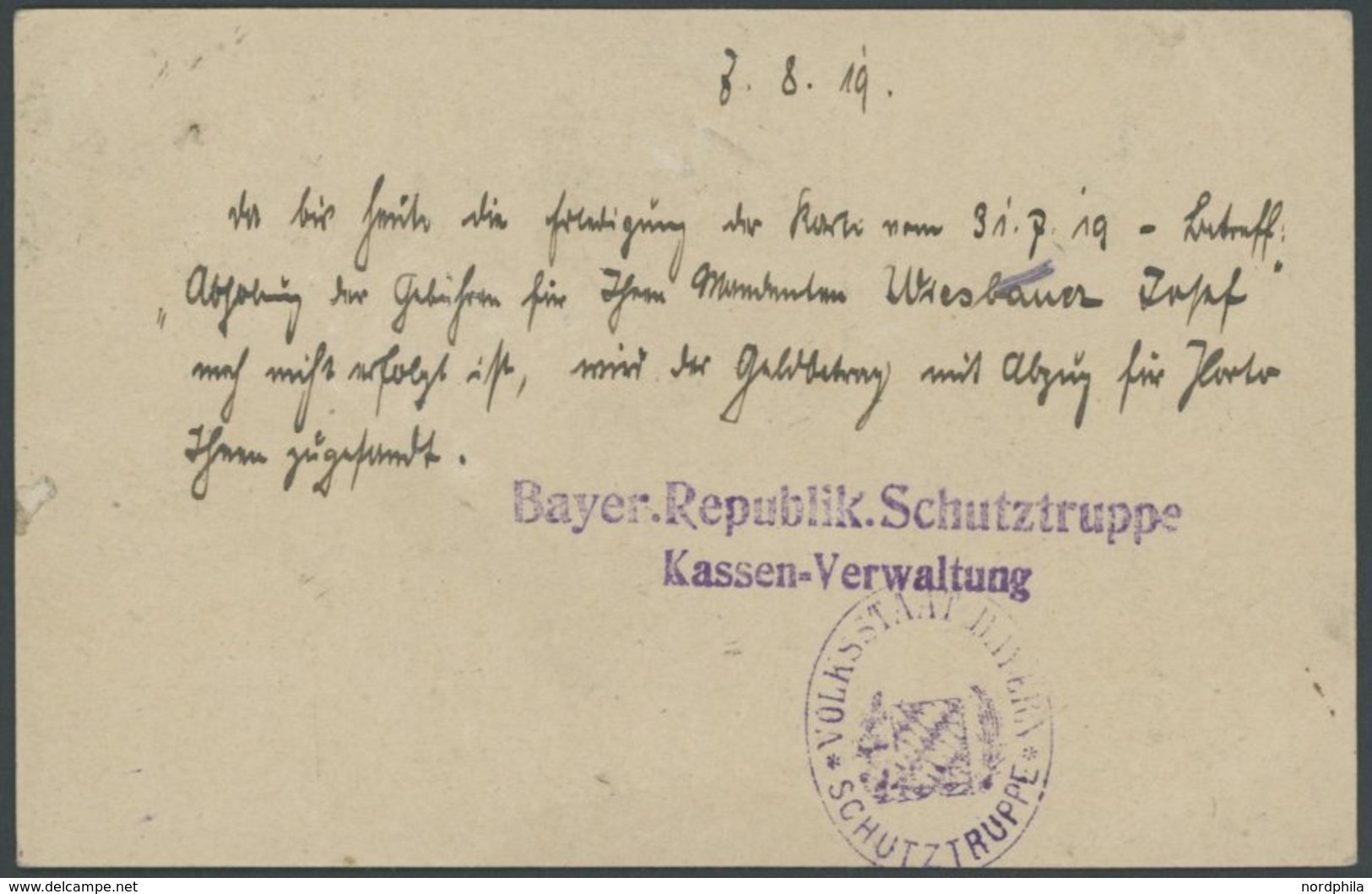 BAYERN D 25 BRIEF, 1919, 71/2 Pf. Graugrün Auf Dienstpostkarte Der Bayer. Republik. Schutztruppe Kassen-Verwaltung Mit V - Other & Unclassified