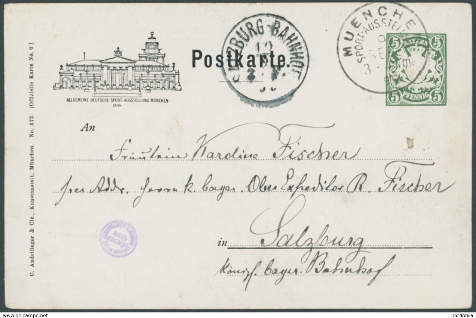 BAYERN PP 15C12/018 BRIEF, Privatpost: 1899, 5 Pf. Wappen Allgemeine Deutsche Sportausstellung, Vordruckfarbe Schwarz, P - Other & Unclassified