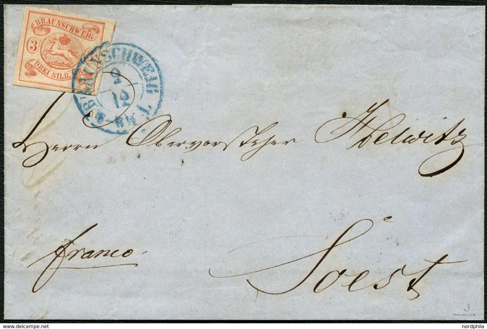 BRAUNSCHWEIG 3 BRIEF, 1852, 1852, 3 Sgr. Orangerot, Allseits Breit- Bis überrandig Mit Blauem K2 BRAUNSCHWEIG Auf Brief  - Brunswick