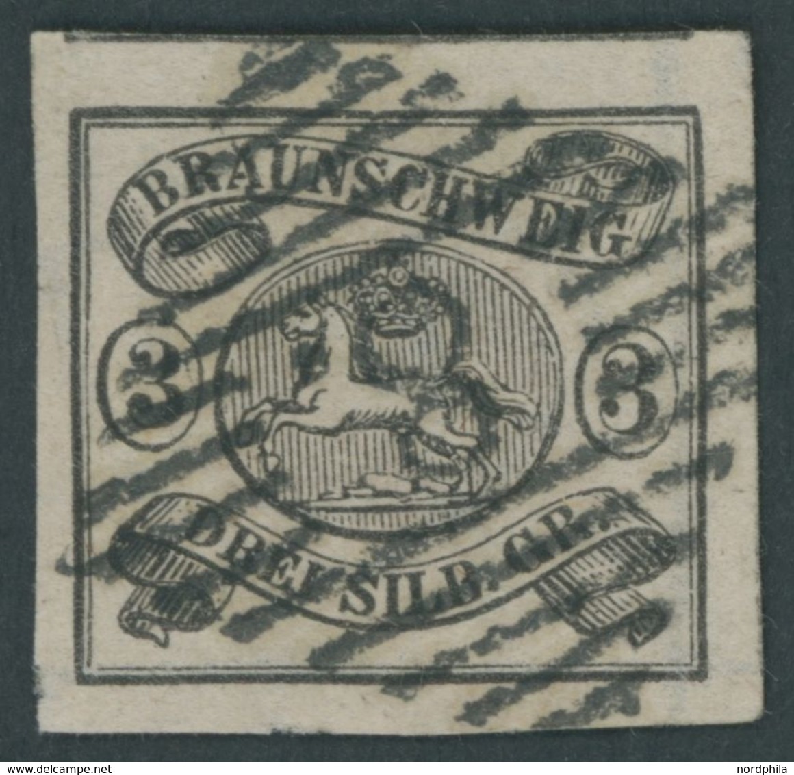 BRAUNSCHWEIG 8a O, 1853, 3 Sgr. Schwarz Auf Mattrosa, Nummernstempel 8, Allseits Riesenrandig, Kabinett - Brunswick