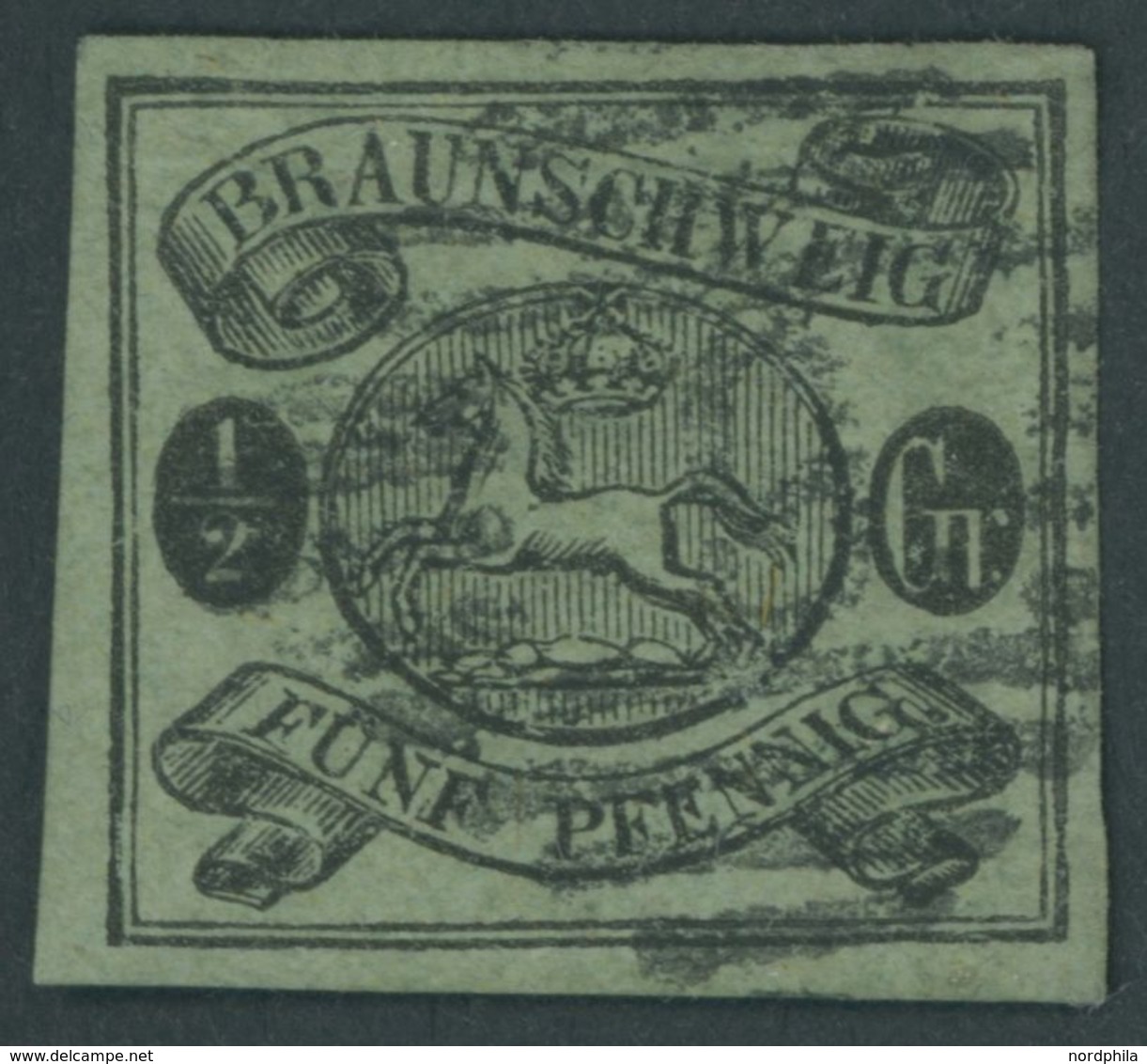 BRAUNSCHWEIG 10A O, 1863, 11/2 Gr. Schwarz Auf Lebhaftgraugrün, Pracht, Signiert Schlesinger, Mi. 300.- - Braunschweig