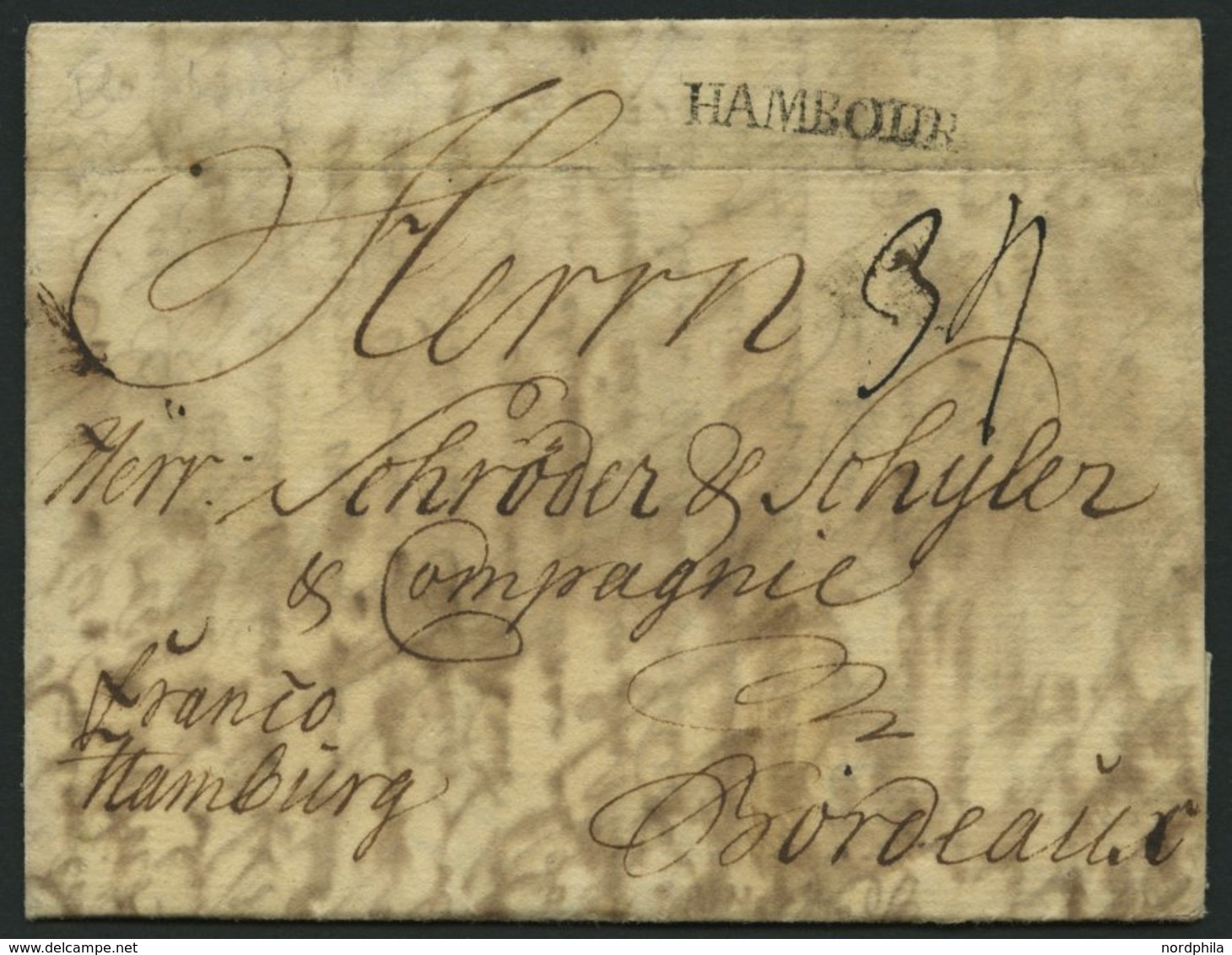 HAMBURG VORPHILA 1768, HAMBOURG, L1 Auf Forwarded-Letter Von Flensburg Nach Bordeaux, Handschriftlich Franco Hamburg, Ag - Vorphilatelie
