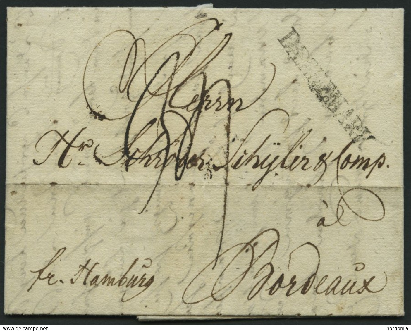 HAMBURG VORPHILA 1791, DAENNEMARK, L1 Auf Brief Von Flensburg Nach Bordeaux, Handschriftlich Fr. Hamburg, Pracht - Préphilatélie