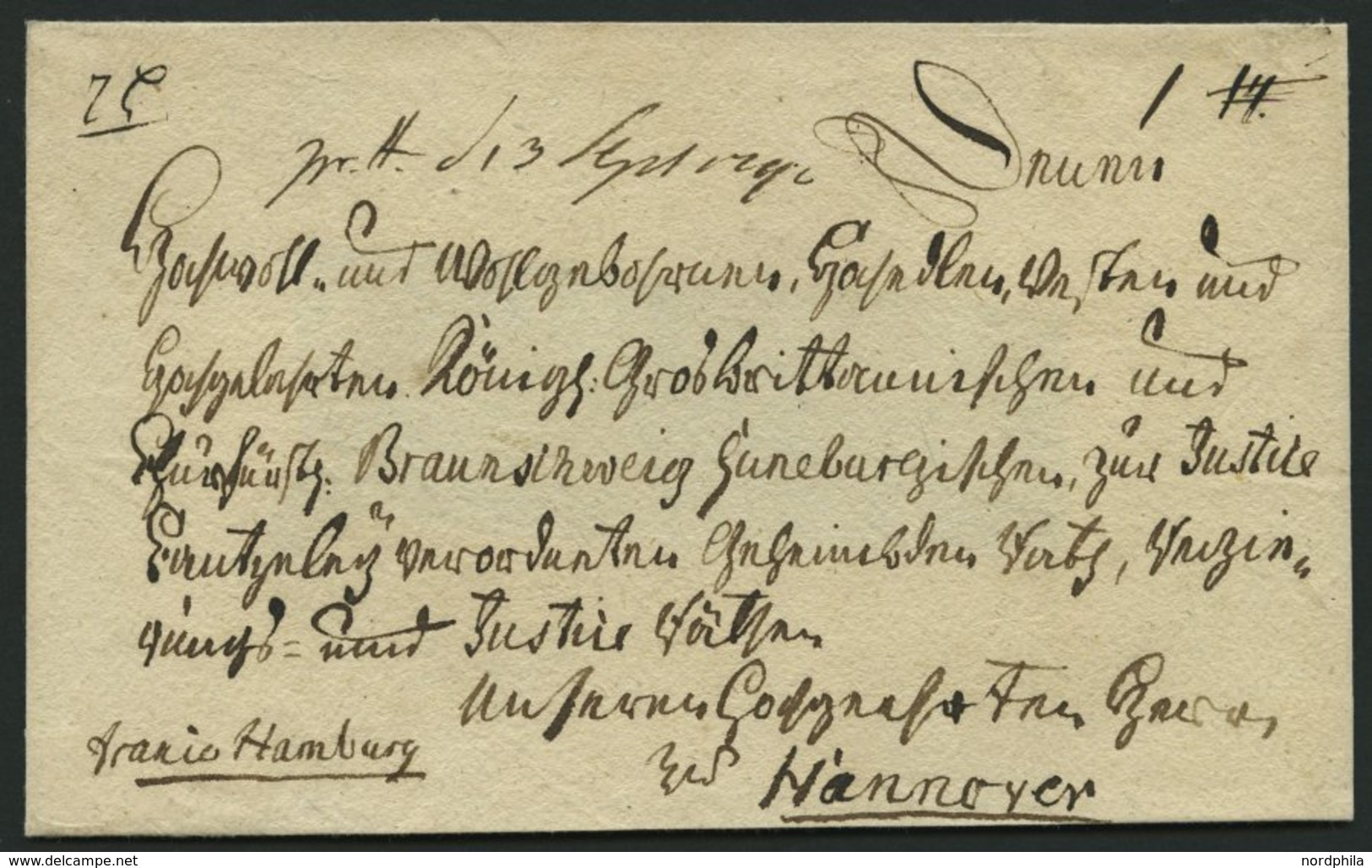 HAMBURG VORPHILA 1792, Interessante Fürstenbriefhülle (nicht Vollständig), Handschriftlich Franco Hamburg Nach Hannover, - Precursores