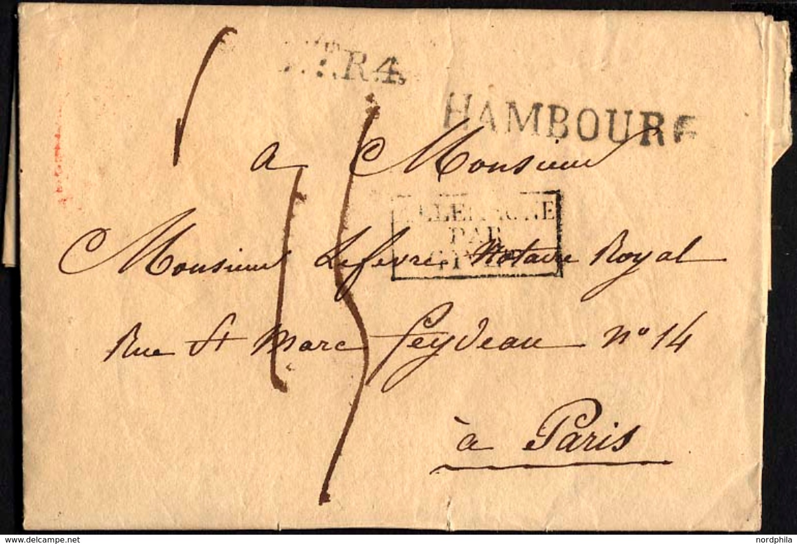 HAMBURG VORPHILA 1819, HAMBOURG, L1 T.T.R.4. Und R3 ALLEMAGNE/PAR/GIVET Auf Brief Nach Paris, Rückseitiger Roter Datumss - Prephilately