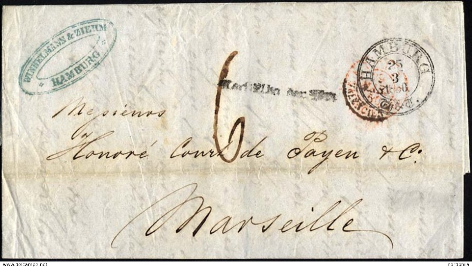 HAMBURG - THURN UND TAXISCHES O.P.A. 1850, HAMBURG Th.& T., K3 Auf Brief Nach Marseille, Nebenstempel Nach Abg. Der Post - Other & Unclassified