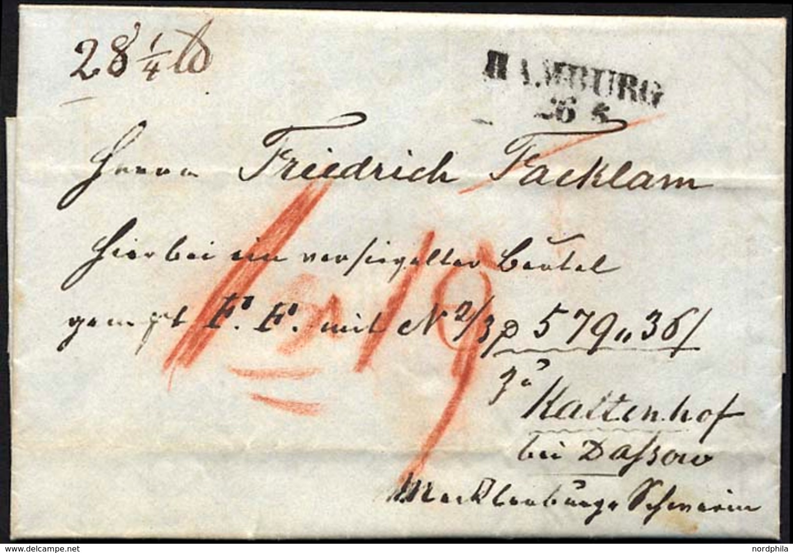 HAMBURG VORPHILA 1847, HAMBURG, L2 Auf Begleitbrief Für Einen Beutel Nach Kaltenhof Bei Dassau, Pracht - Prephilately