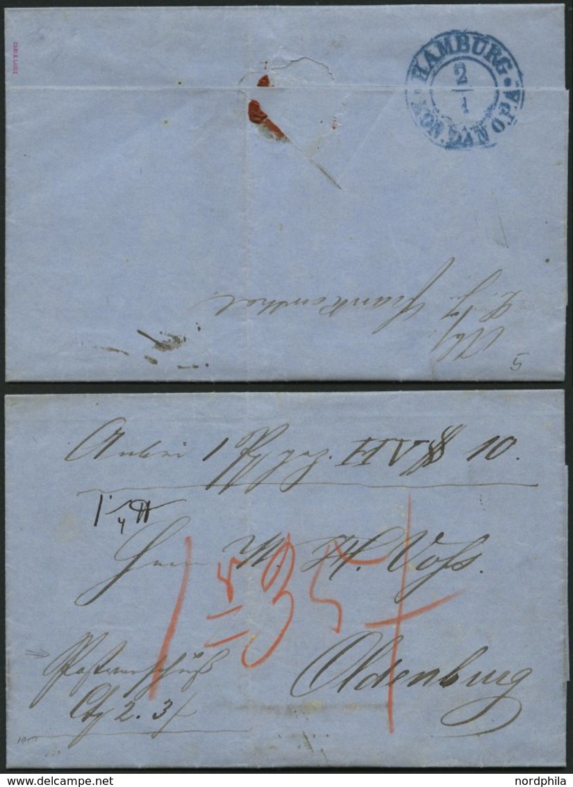 HAMBURG 1859, HAMBURG KON.DAN.O.P.A, Blauer K2 Rückseitig Auf Begleitbrief Nach Oldenburg, Diverse Taxvermerke, Dekorati - Precursores