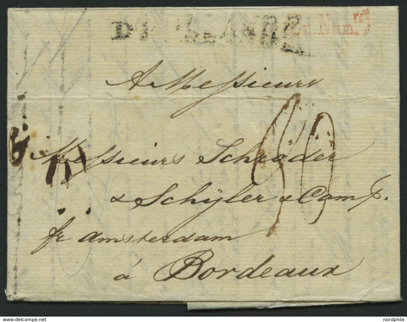HAMBURG - GRENZÜBERGANGSSTEMPEL 1796, D HOLLANDE, Leicht Unleserlicher L1 Und Roter L1 En. Num. Auf Brief Nach Bordeaux, - Prephilately