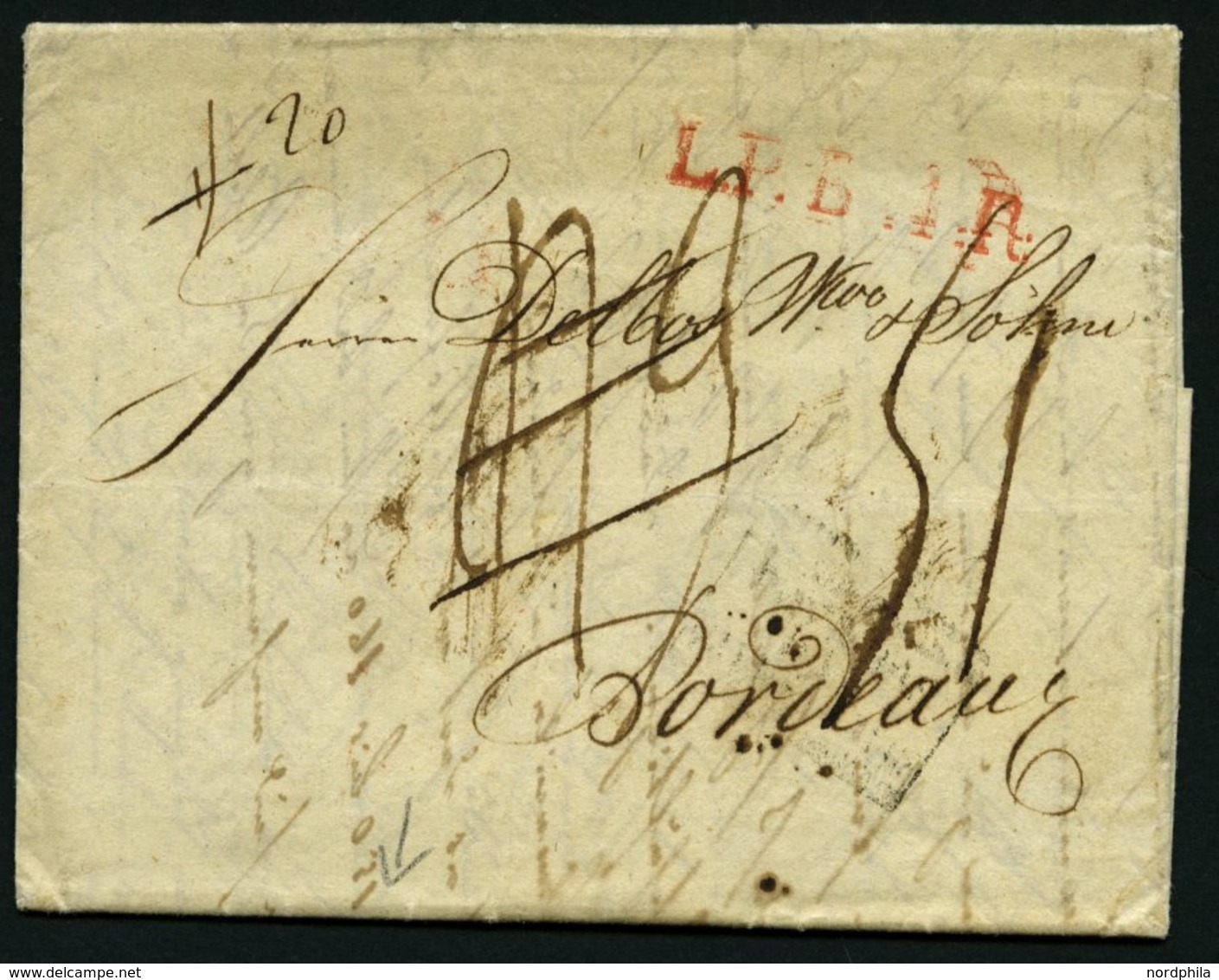 HAMBURG - GRENZÜBERGANGSSTEMPEL 1819, L.P.B.4.R., L1 In Rot Auf Brief Von Altona Nach Bordeaux, Rückseitig Roter R3 Noor - Préphilatélie