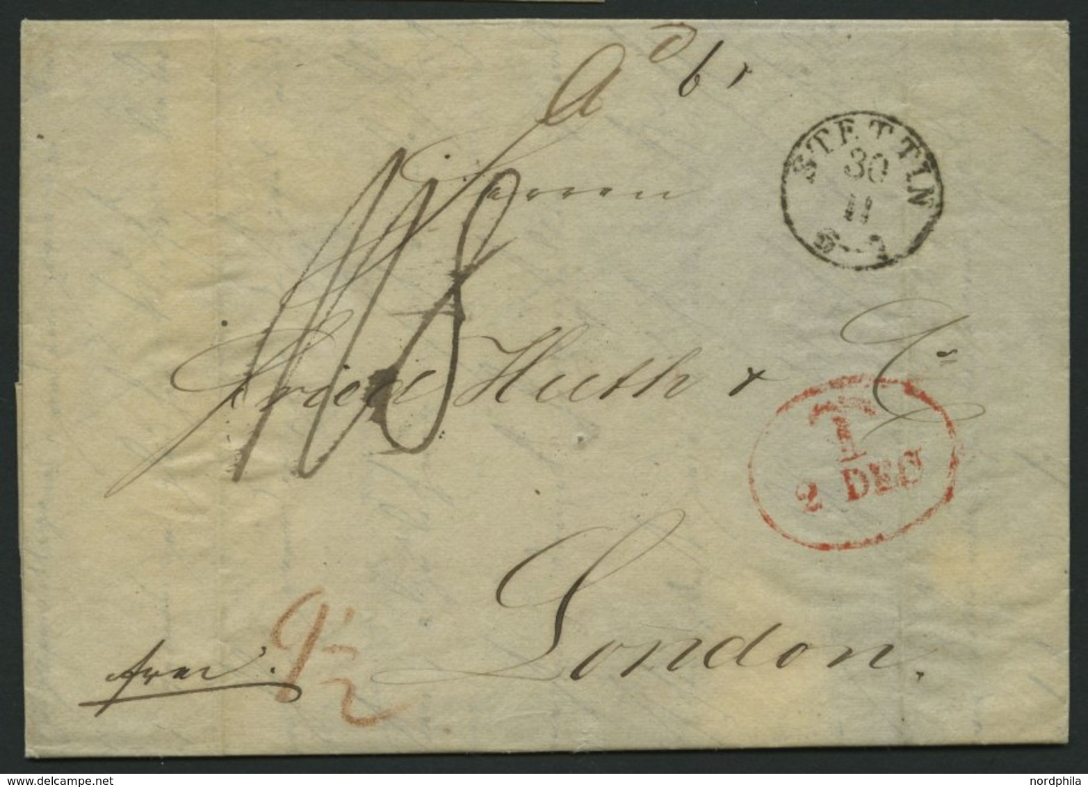 HAMBURG - GRENZÜBERGANGSSTEMPEL 1842, T 2 DEC, In Rot Auf Brief Von Stettin (K1) über Hamburg (rückseitiger K1) Nach Lon - Precursores