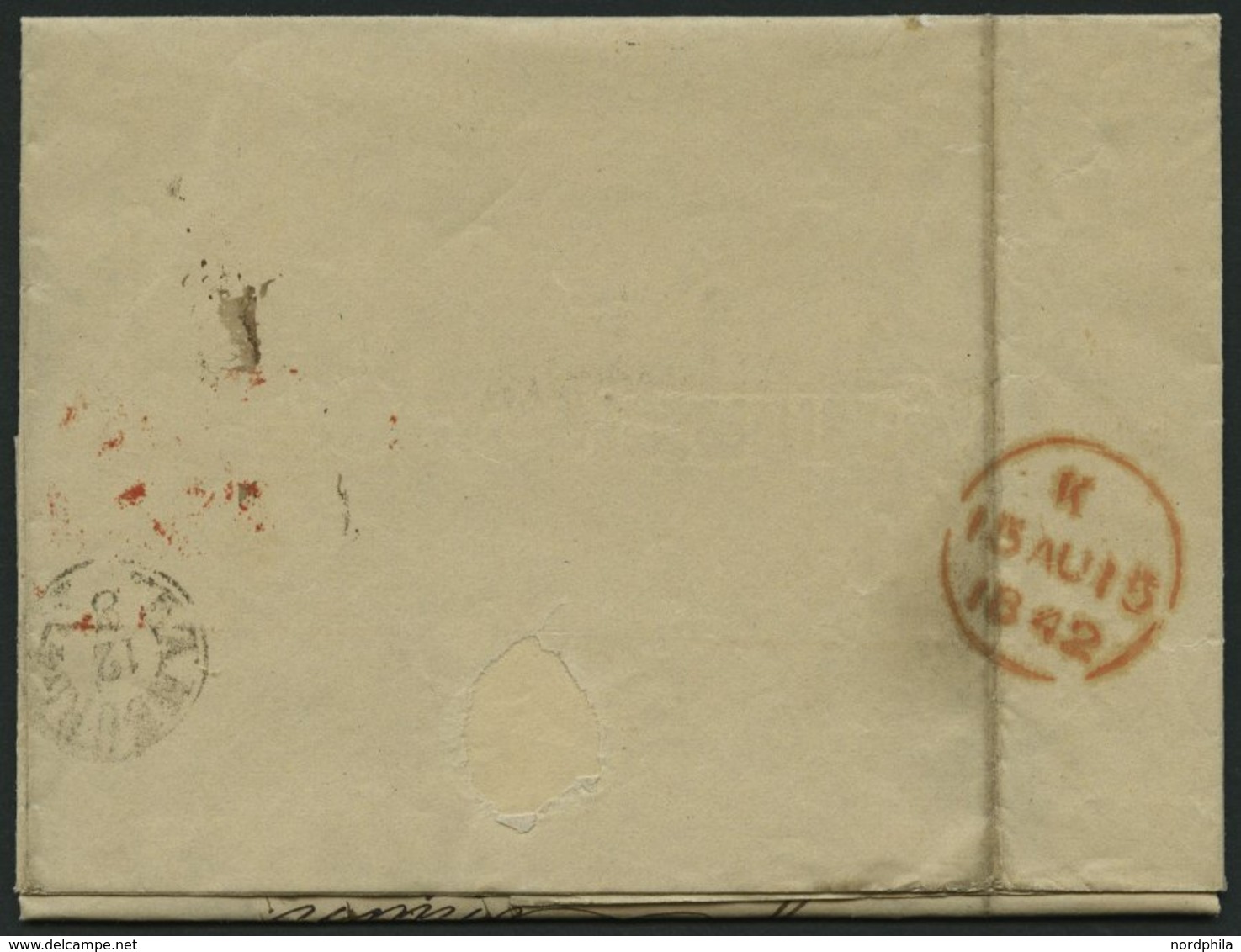 HAMBURG - GRENZÜBERGANGSSTEMPEL 1842, T 12 AUG, In Rot Auf Brief Von Leipzig (Sonderform) Nach London, Rückseitiger Durc - Precursores