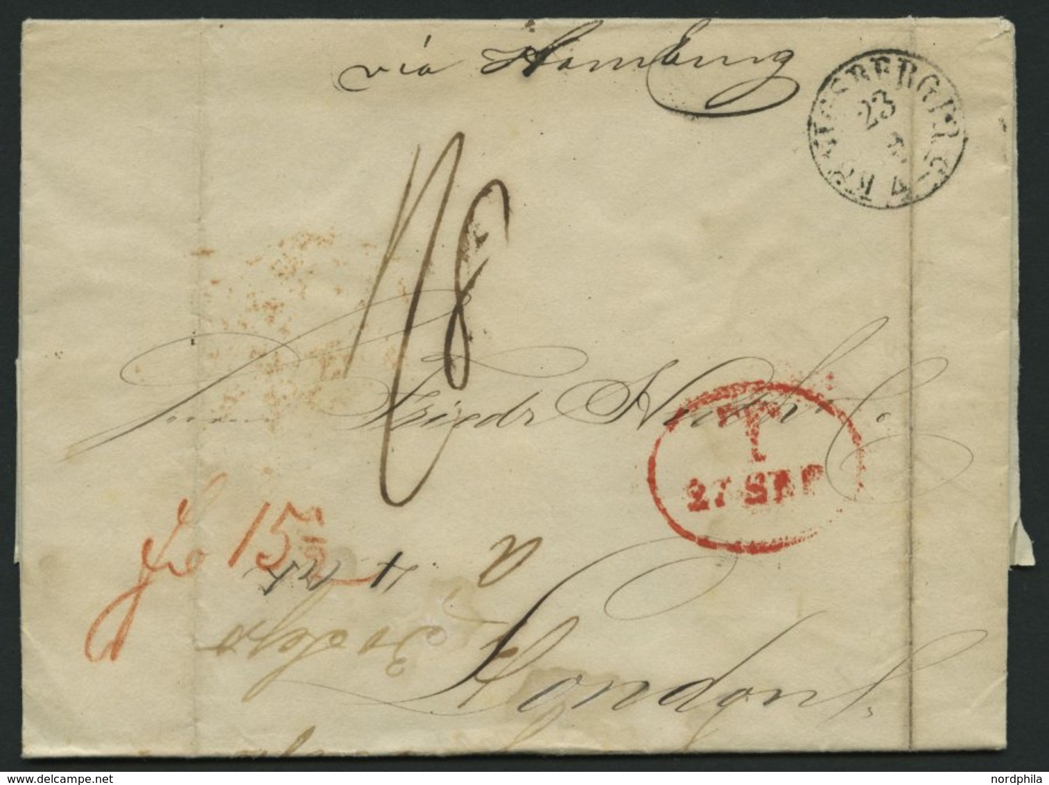 HAMBURG - GRENZÜBERGANGSSTEMPEL 1842, T 27 SEP, In Rot Auf Brief Von KÖNIGSBERG (K1) Nach London, Handschriftlich Via Ha - Prephilately