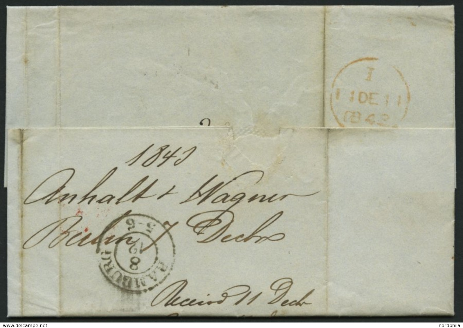 HAMBURG 1843, T 8 DEC, Rote Sonderform Auf Brief Von Berlin Nach London, Feinst - Prephilately