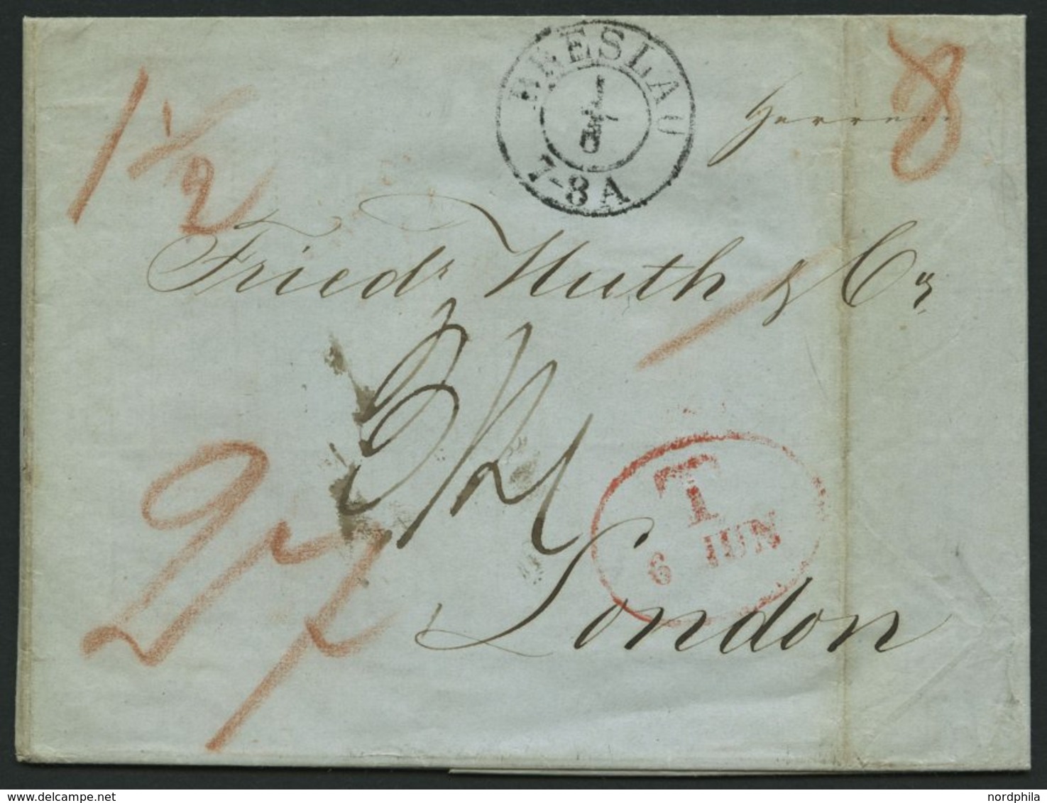 HAMBURG - GRENZÜBERGANGSSTEMPEL 1843, T 6 JUN, In Rot Auf Brief Von BRESLAU (K2) Nach London, Feinst - Prephilately