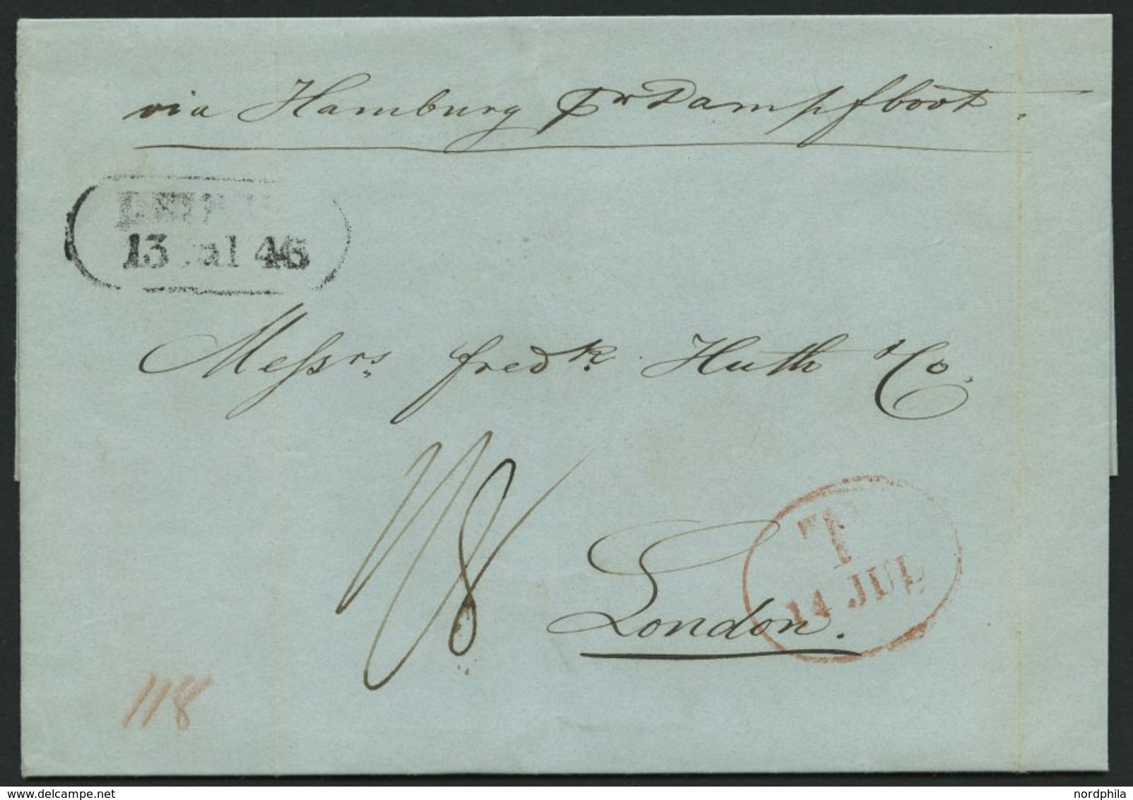 HAMBURG - GRENZÜBERGANGSSTEMPEL 1846, T 14 JUL, In Rot Auf Brief Von LEIPZIG (R2) Nach London, Handschriftlich Via Hambu - Vorphilatelie