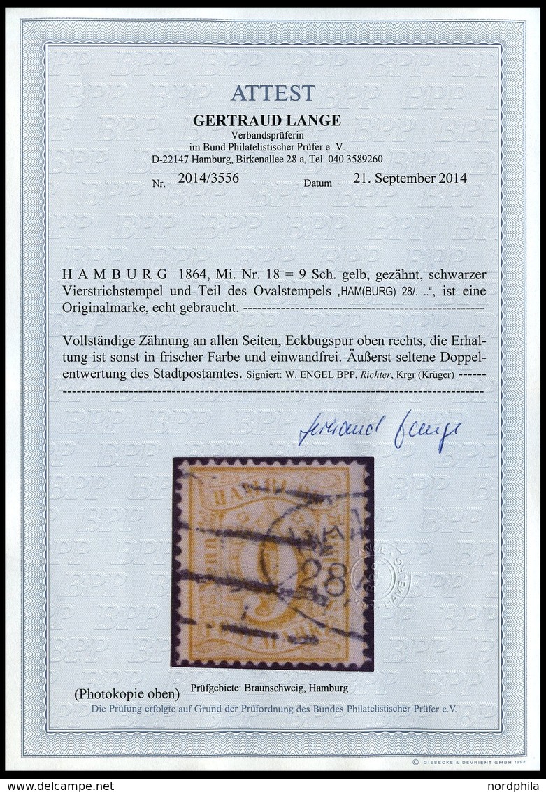 HAMBURG 18 O, 1864, 9 S. Orangegelb Mit Doppelentwertung (schwarzer Vierstrichstempel Und Ovalstempel), Pracht, Diverse  - Hambourg