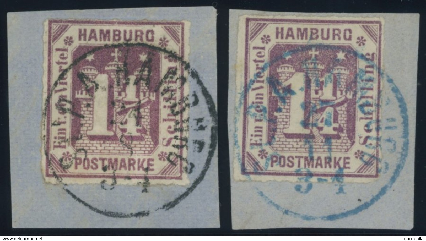 HAMBURG 20a BrfStk, 1866, 11/4 S. Dunkelbraunviolett Mit K1 St.P.A. HAMBURG In Schwarz Und Blau, 2 Kabinettbriefstücke - Hamburg